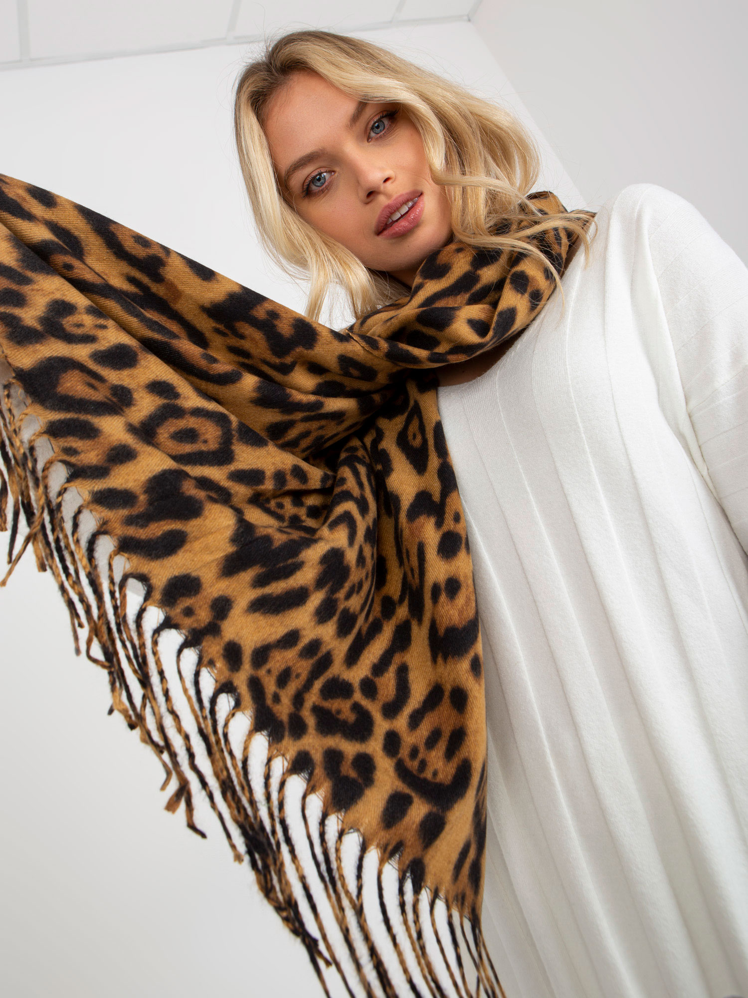 Camel and black women's scarf with animal pattern