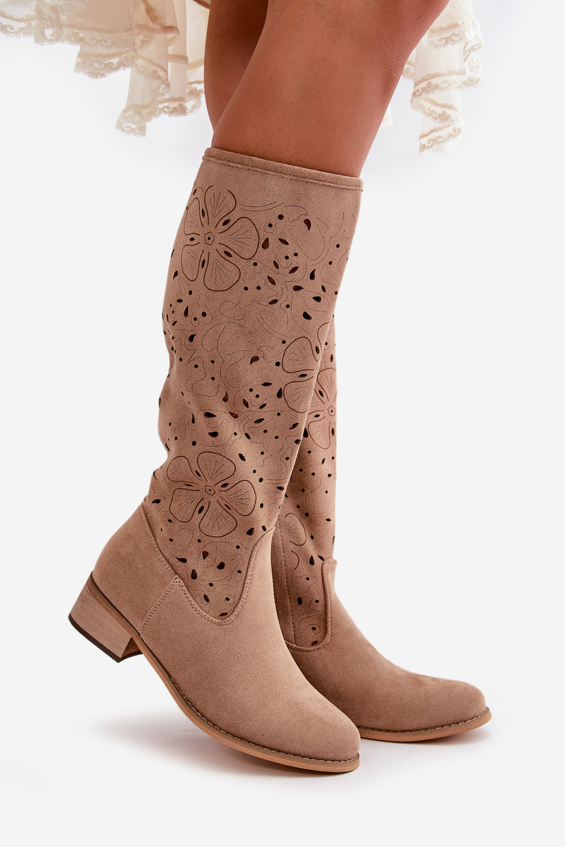 Openwork women's boots on a low heel eco suede fastened with a zipper dark beige orchids