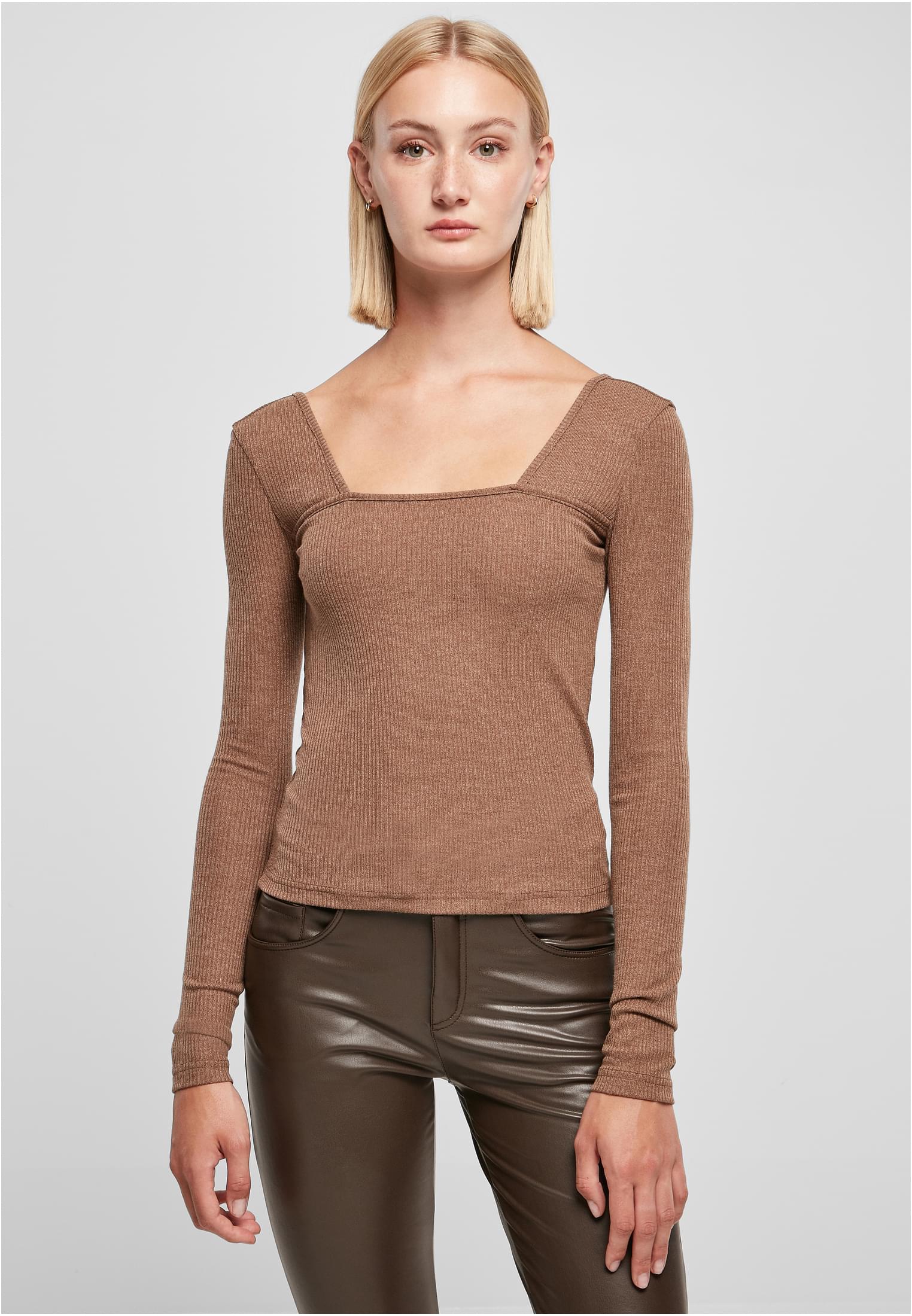 Women's Square Neckline With Long Sleeves In Dark Khaki