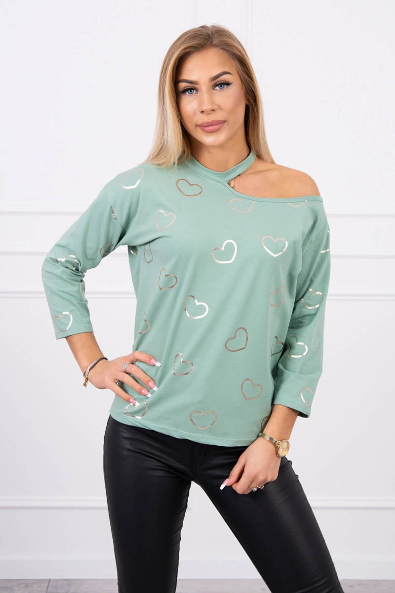 Blouse With Heart Print Dark Mint