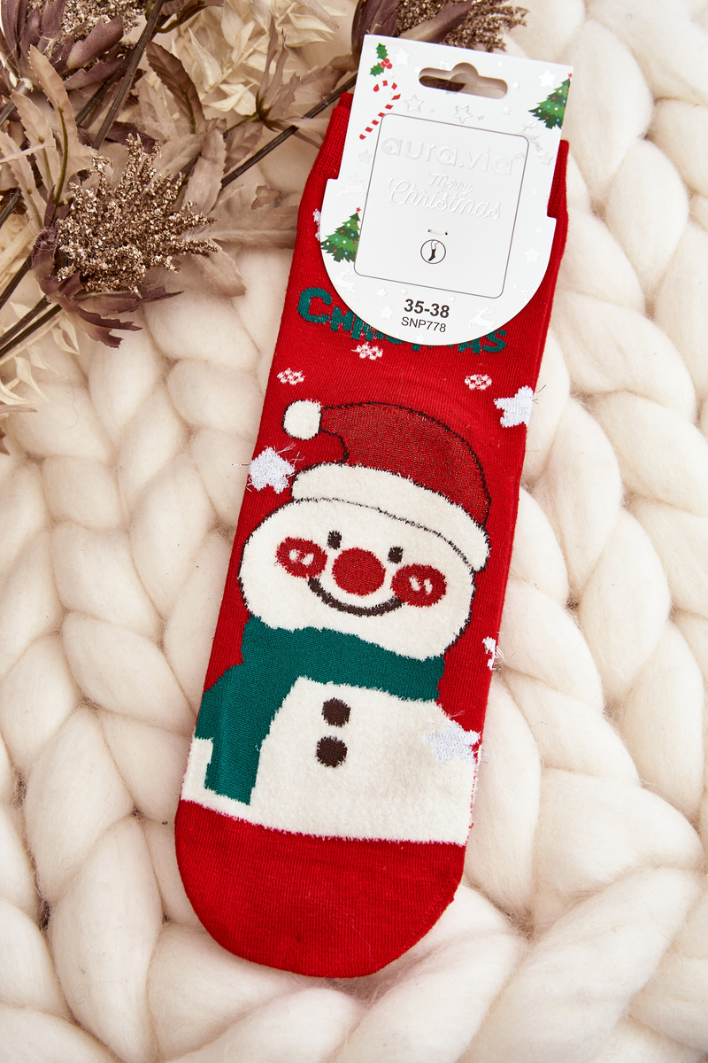 Levně Dámské vánoční ponožky se sněhulákem červené
