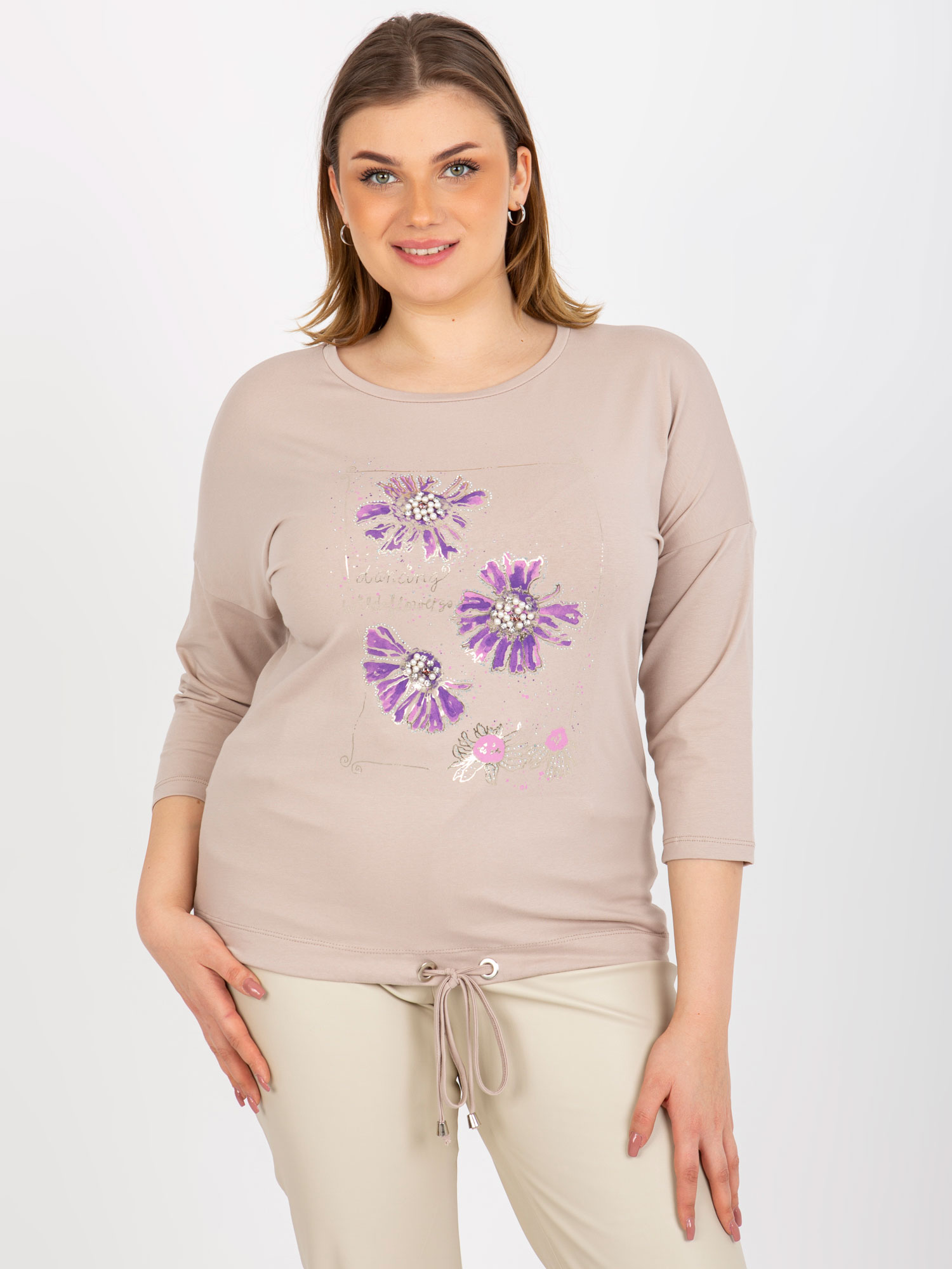 Lady's Blouse Plus Size With 3/4 Sleeves And Print - Beige