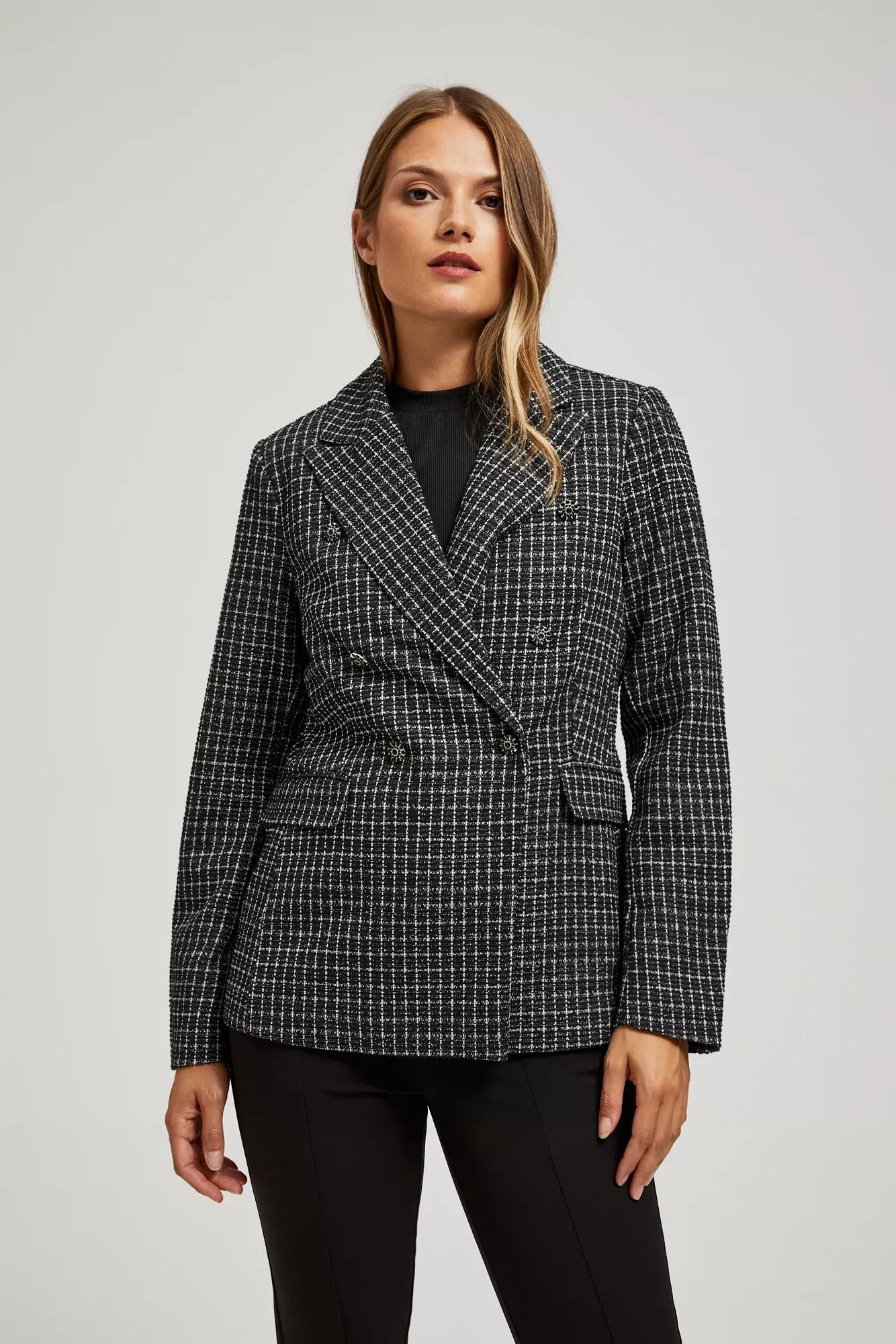 Double-breasted blazer with decorative buttons