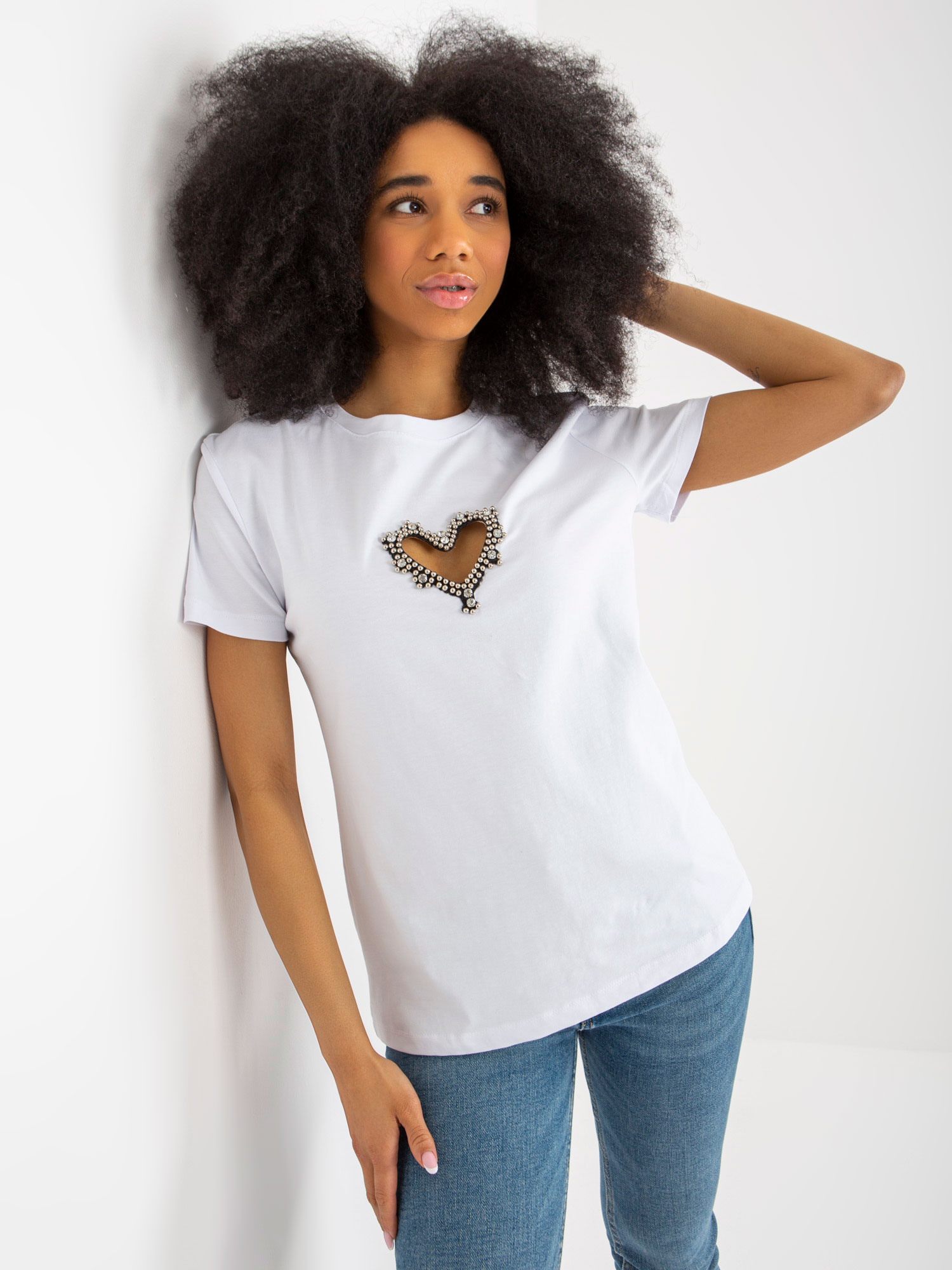 White Women's T-shirt With Heart-shaped Application