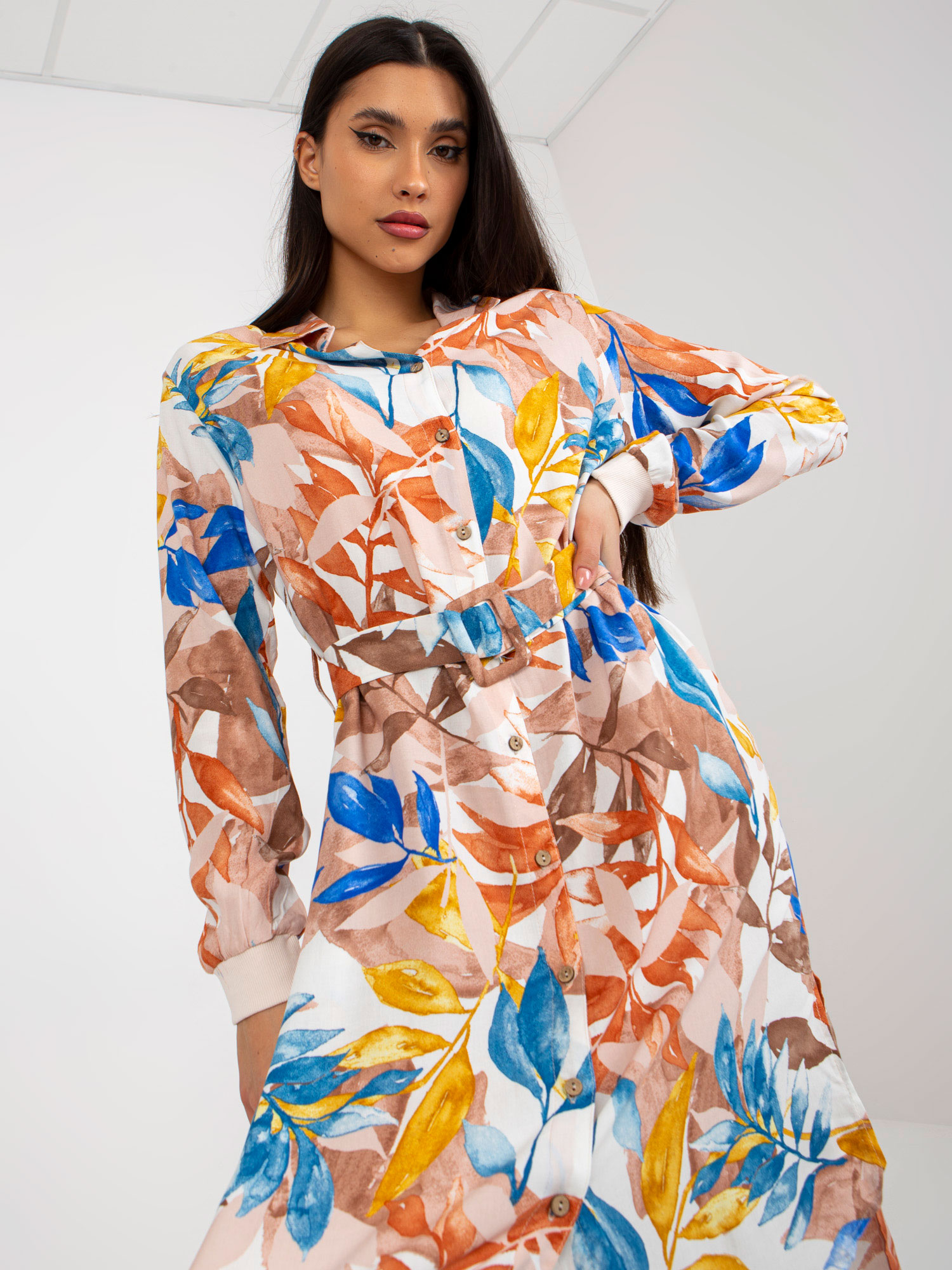 Cămașă midi bej cu imprimeu