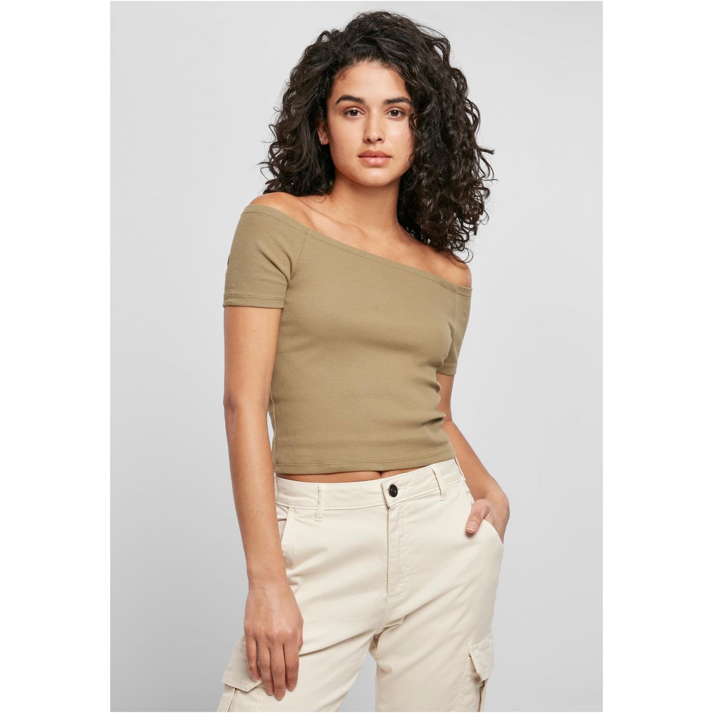 Women's T-shirt In Khaki Color With A Stretched Shoulder