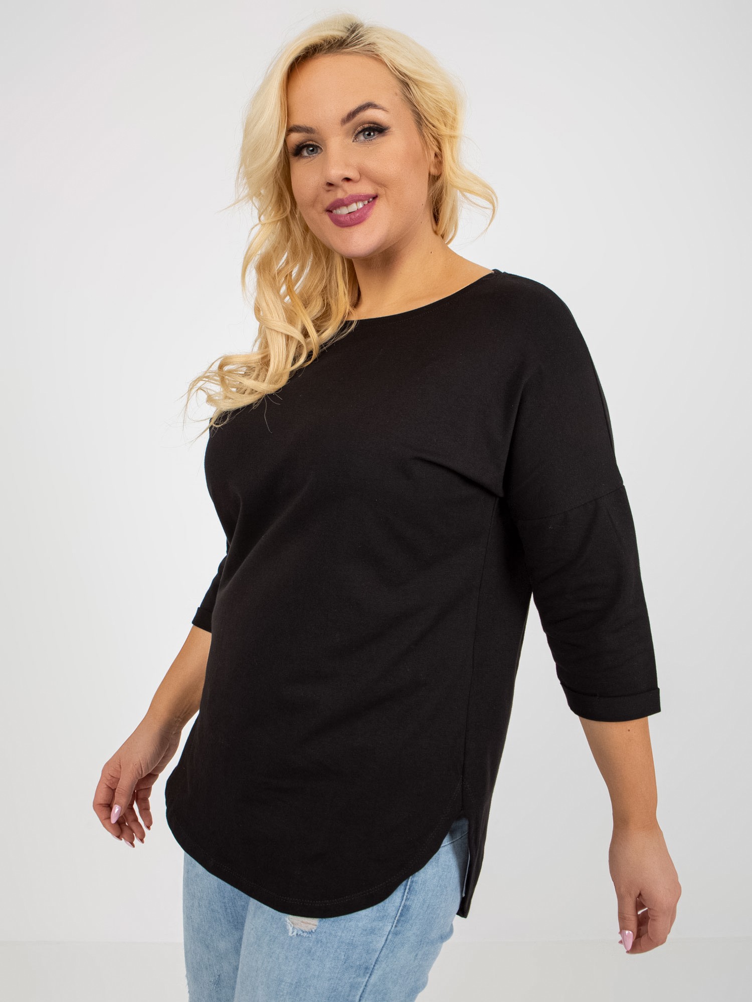 Black Plus Size Plus Size Basic Blouse With 3/4 Sleeves