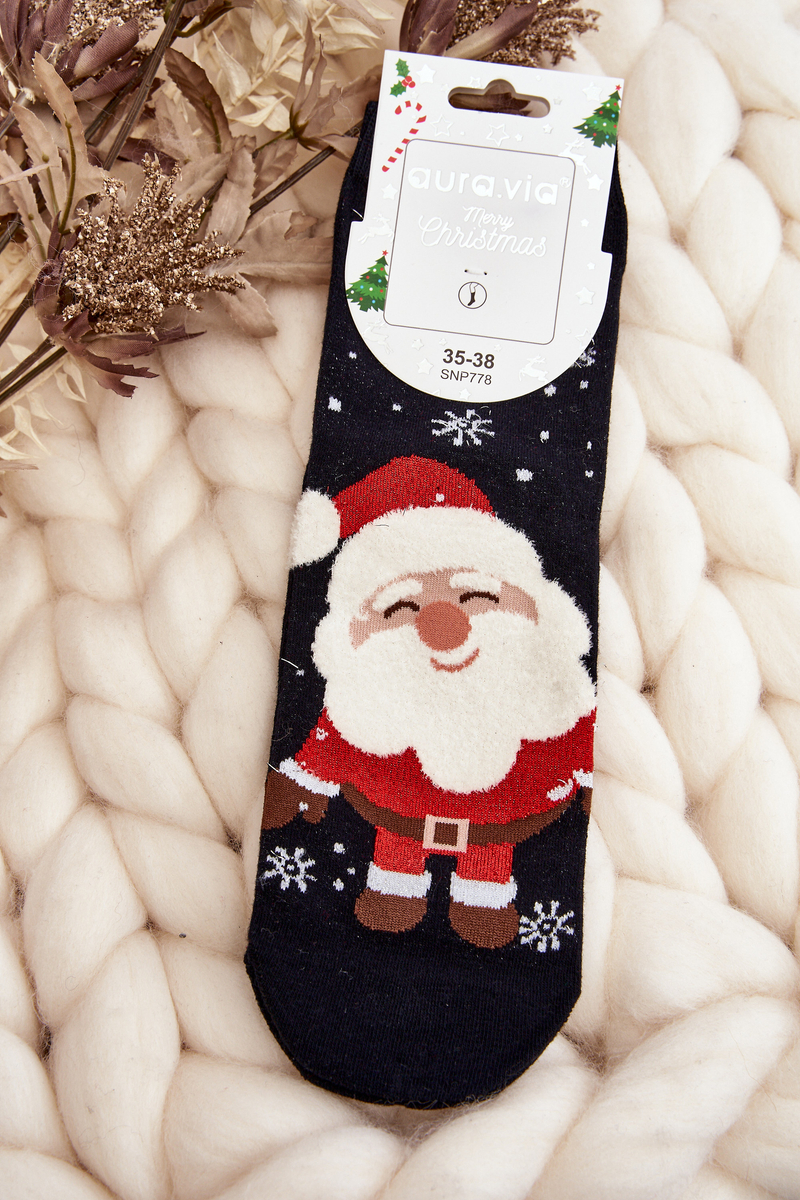 Levně Dámské vánoční ponožky s Santa Clausem, černé
