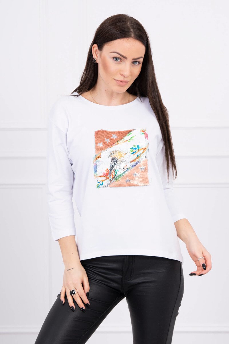 Blouse With 3D Bird White Graphics