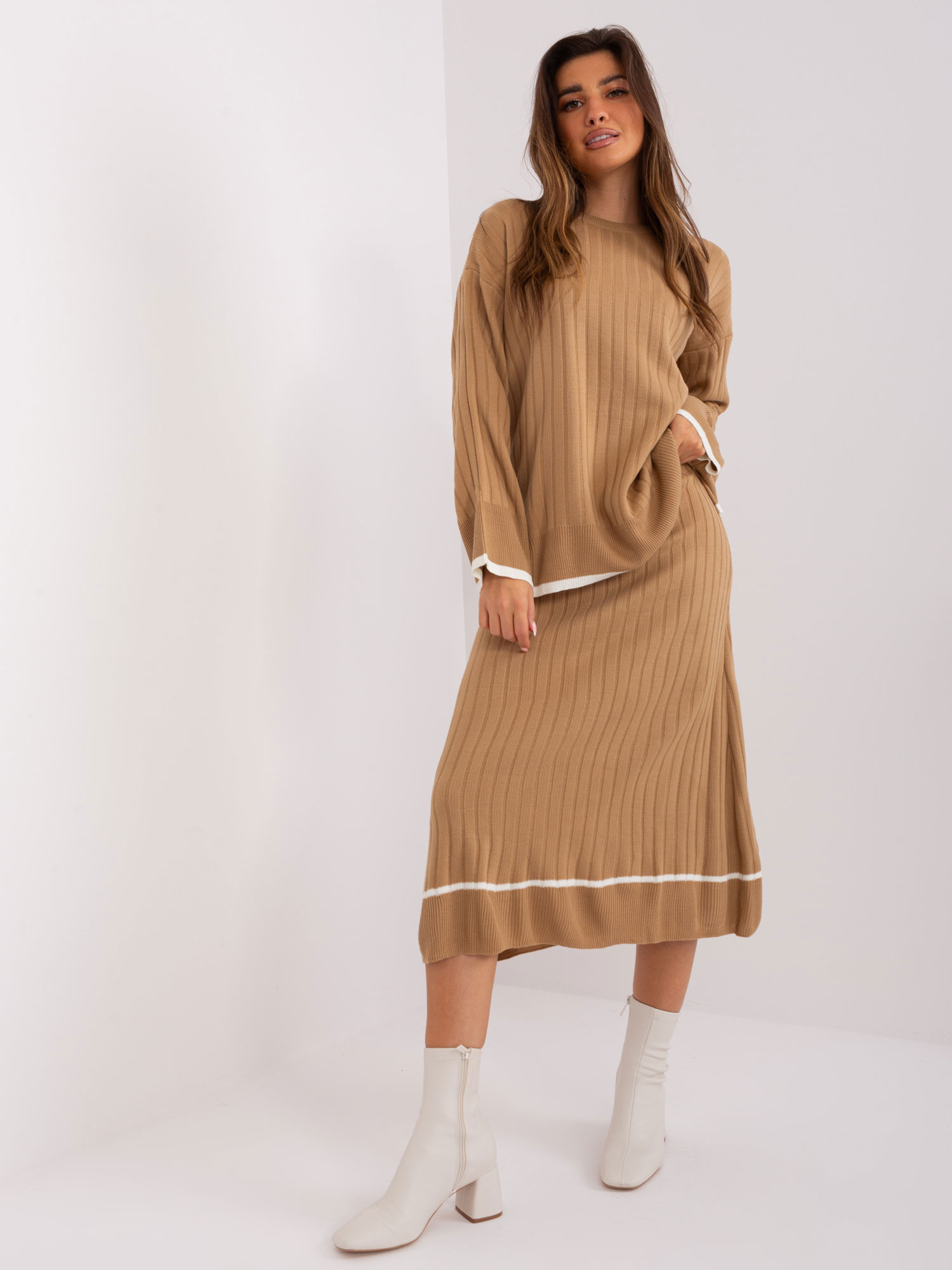 Camel Ribbed Knitted Set With Skirt