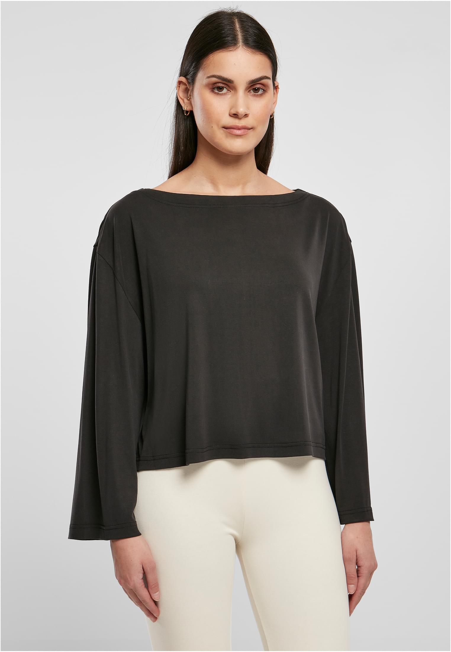 Women's Short Modal Neckline Bateau With Long Sleeves, Black