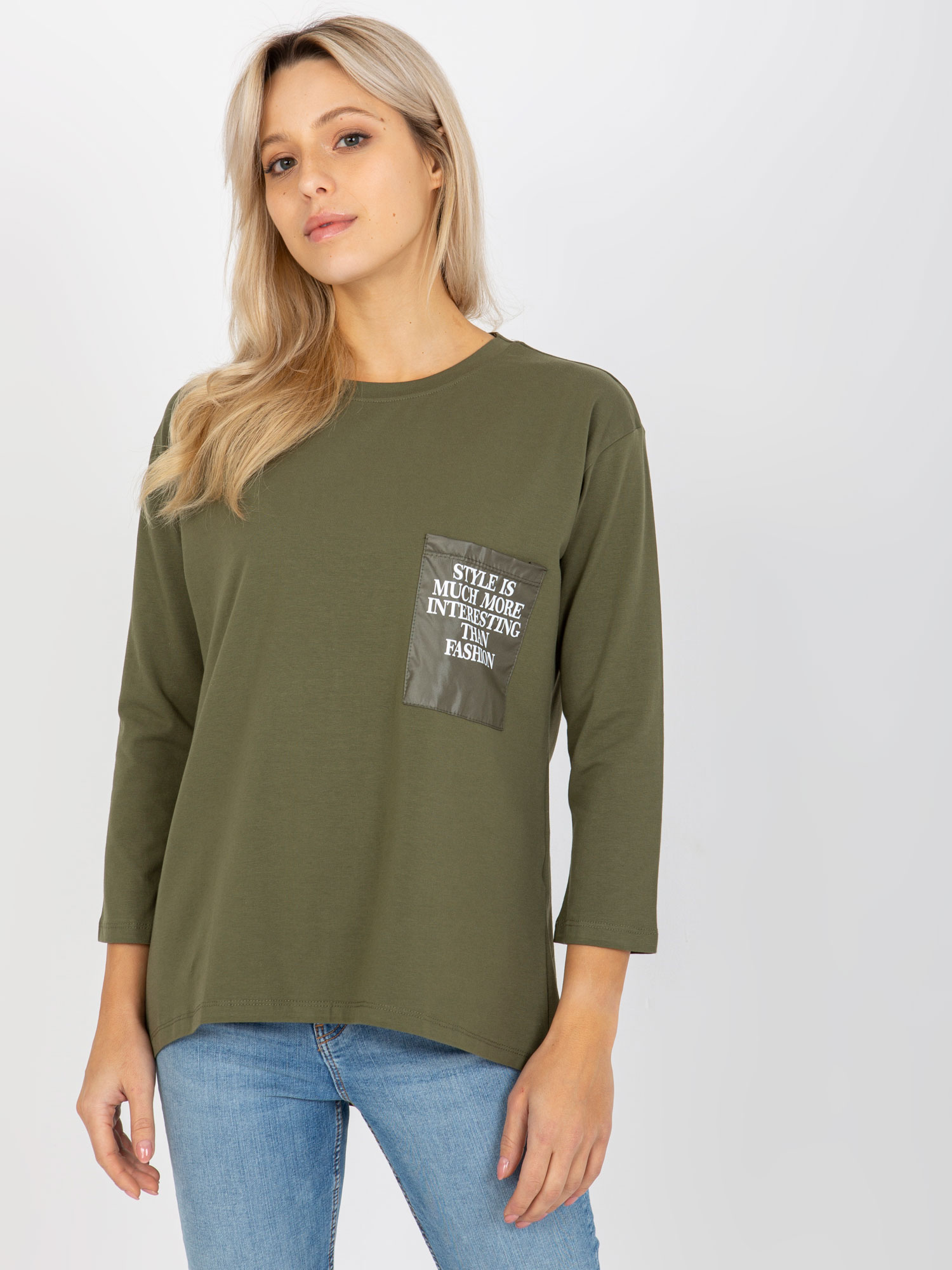 Khaki Women's Casual Blouse With A Round Neckline