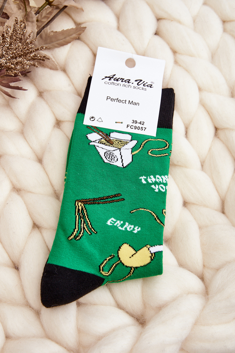 Men's socks with Asian noodle patterns, green