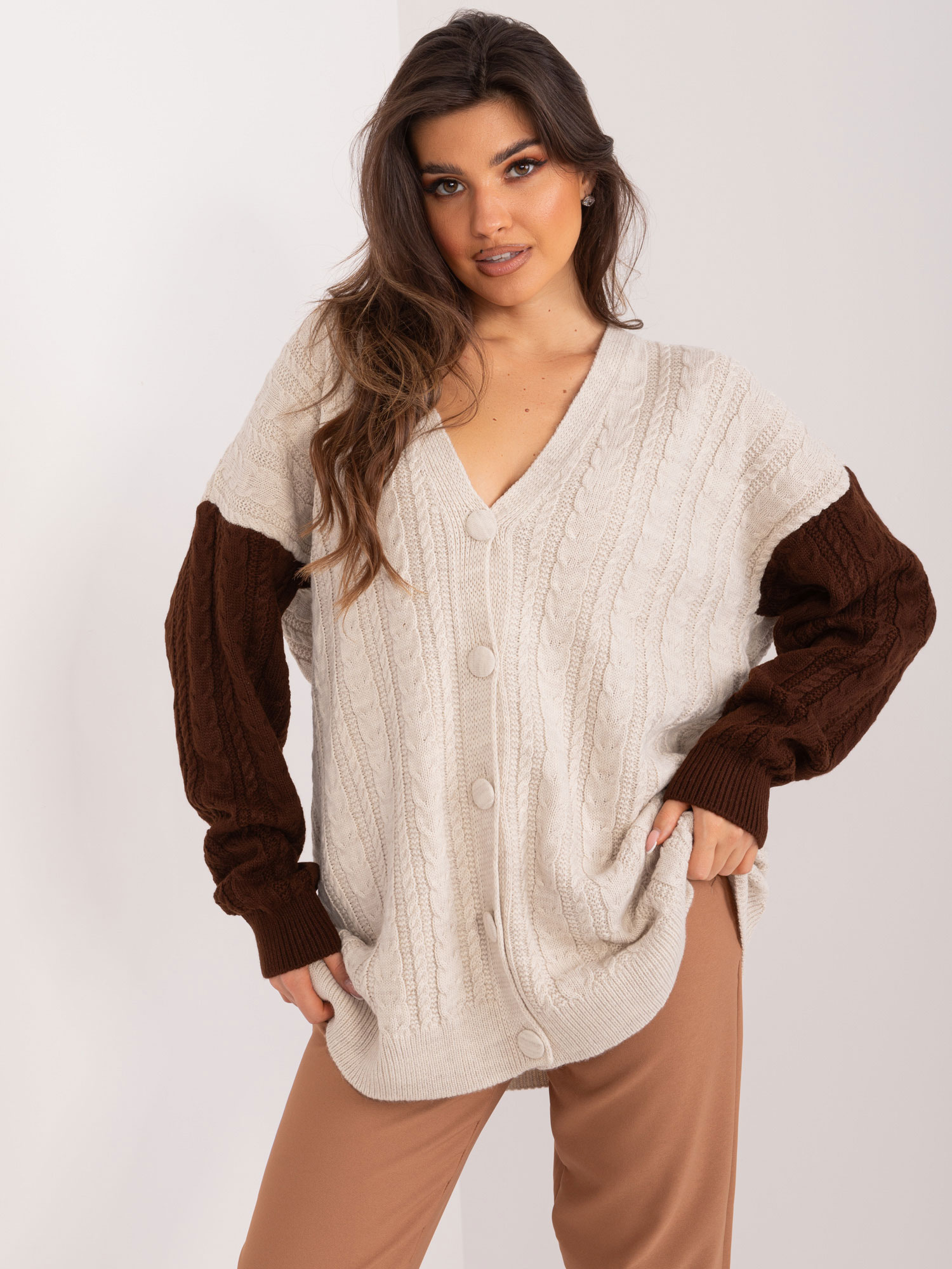 Beige and brown cardigan with a neckline