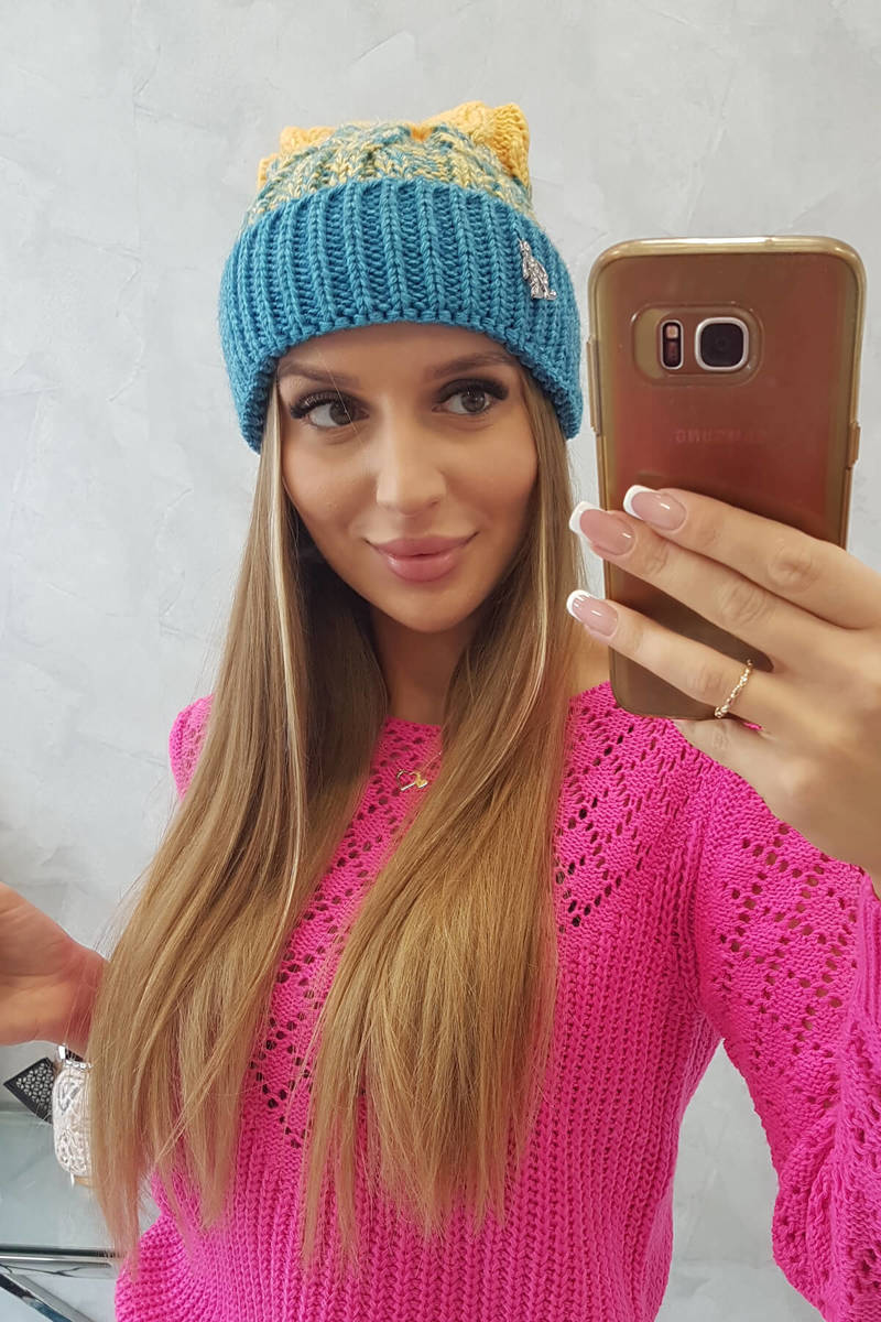 Beanie with pompom Abigail K326 turquoise+yellow
