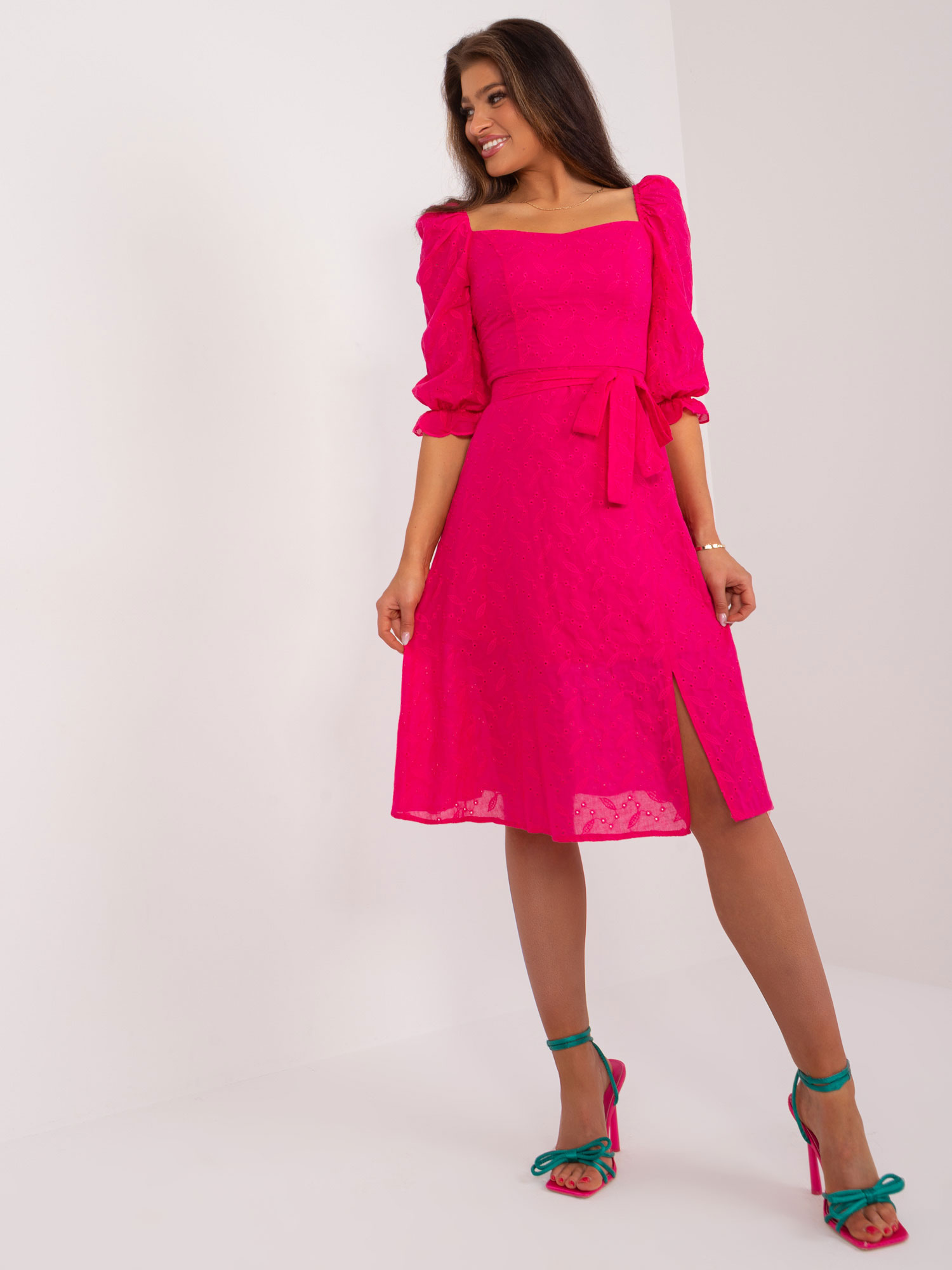 Fuchsia midi dress with embroidery