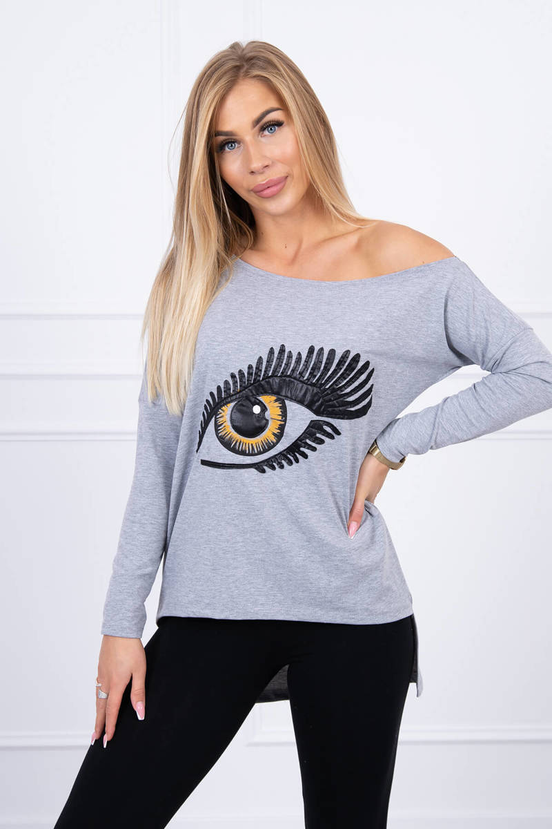 Blouse with print and longer back of grey colour