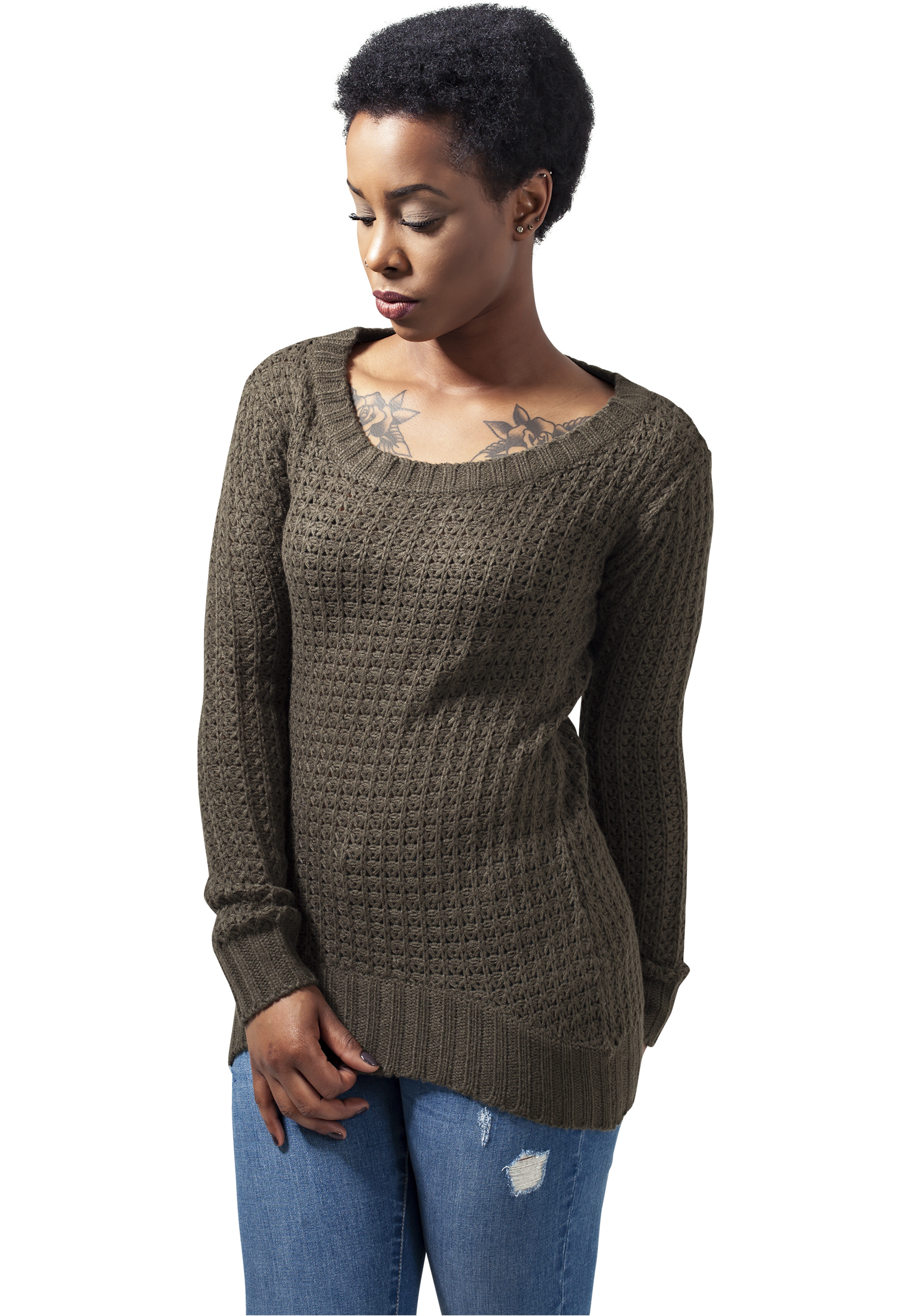 Womens sweater with a long wide neckline olive
