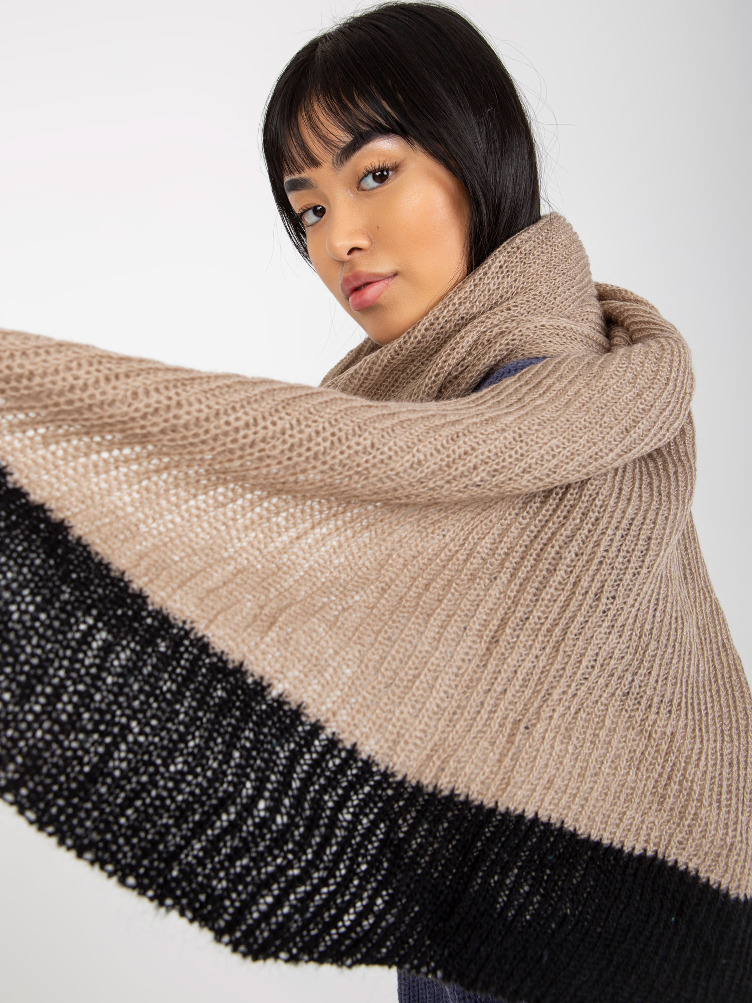 Beige-black long knitted scarf for women