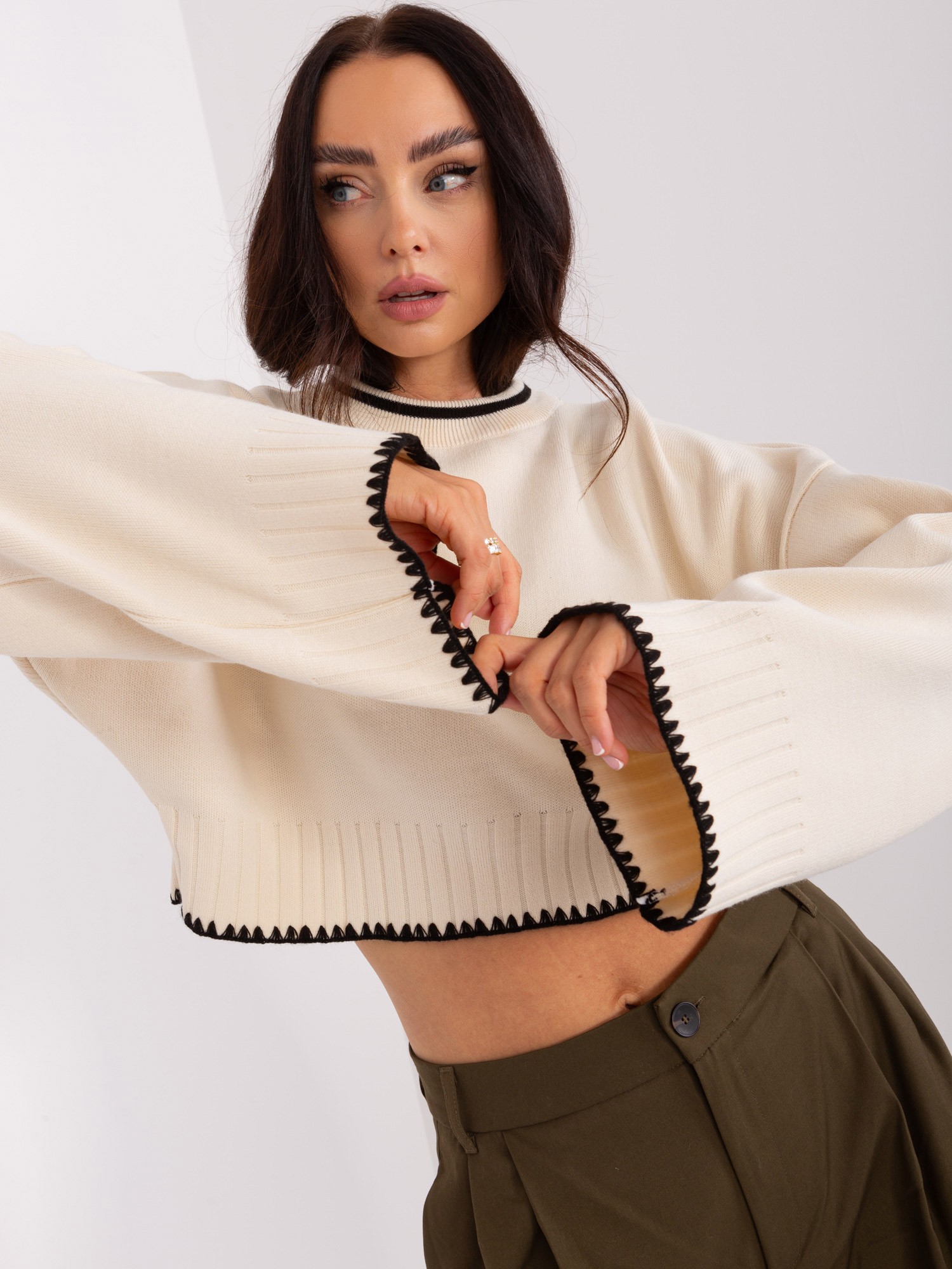 Cream, loose sweater with wide sleeves