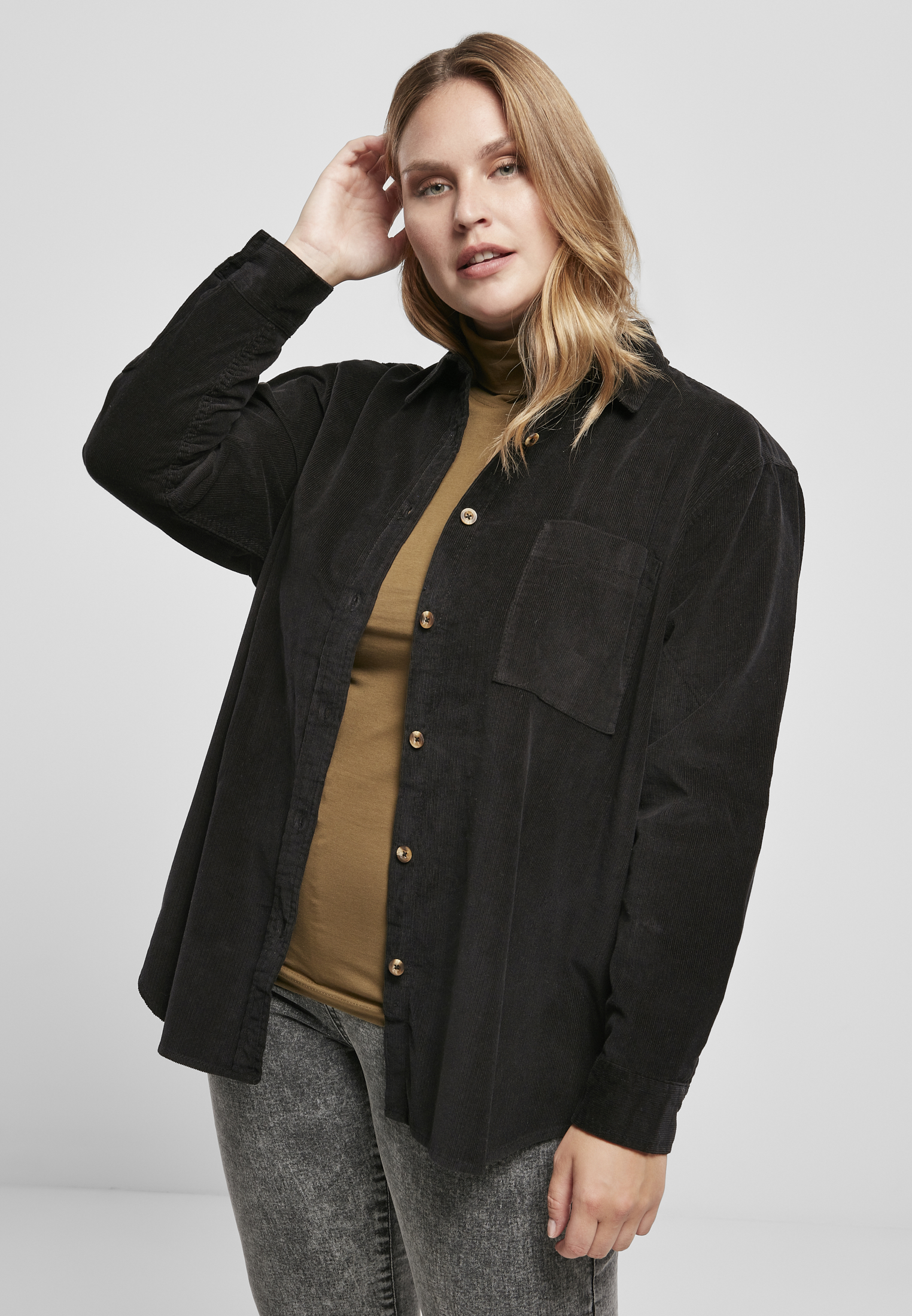 Doamnelor Corduroy Oversized Shirt Negru