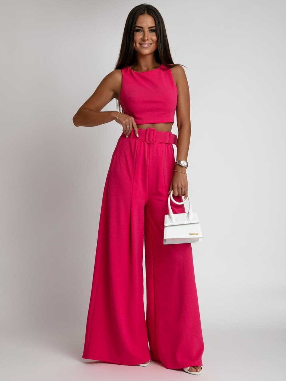 Two-piece Set With Wide Trousers And A Dark Pink Blouse