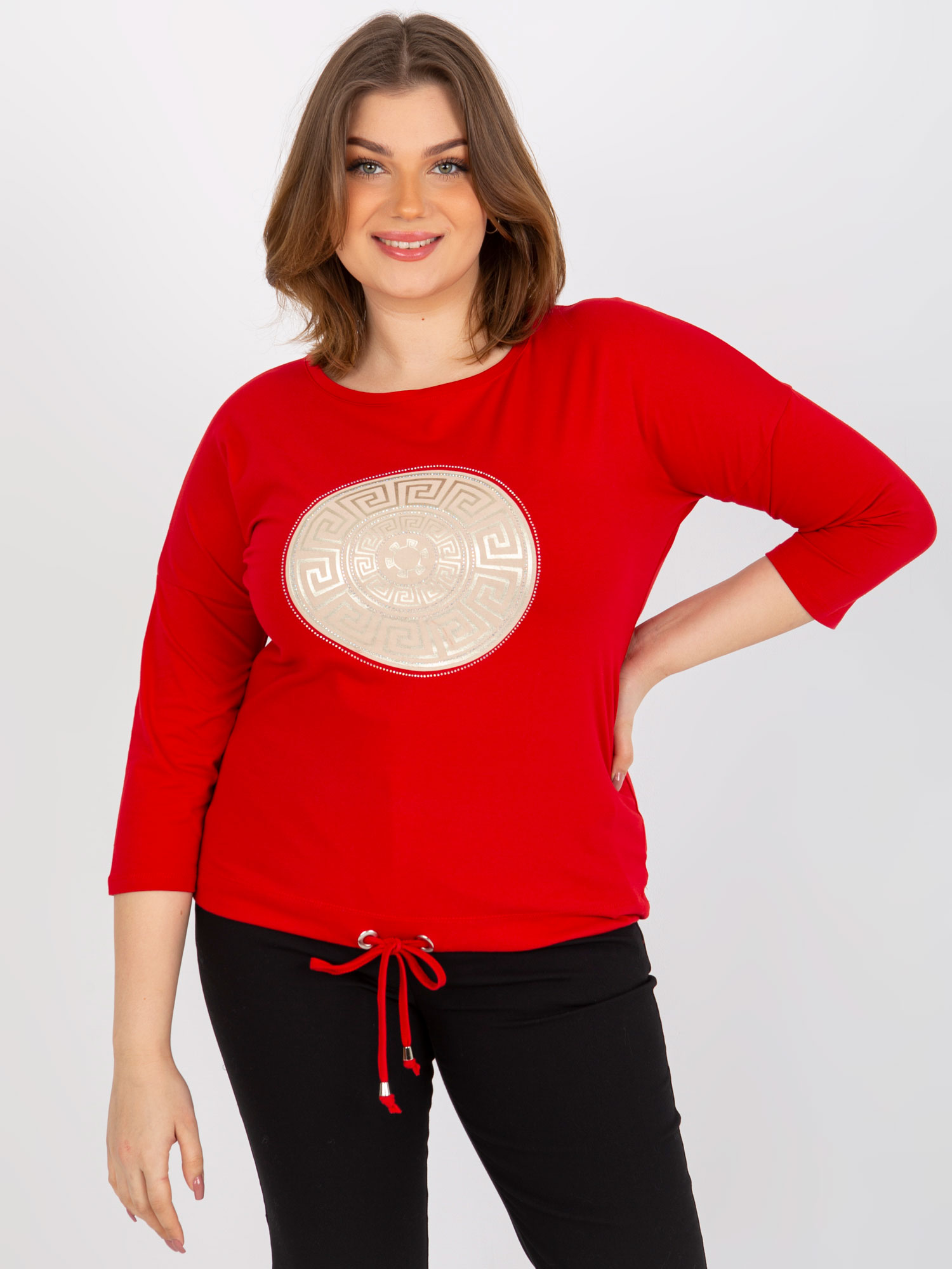 Red Blouse With Large Print And 3/4 Sleeves