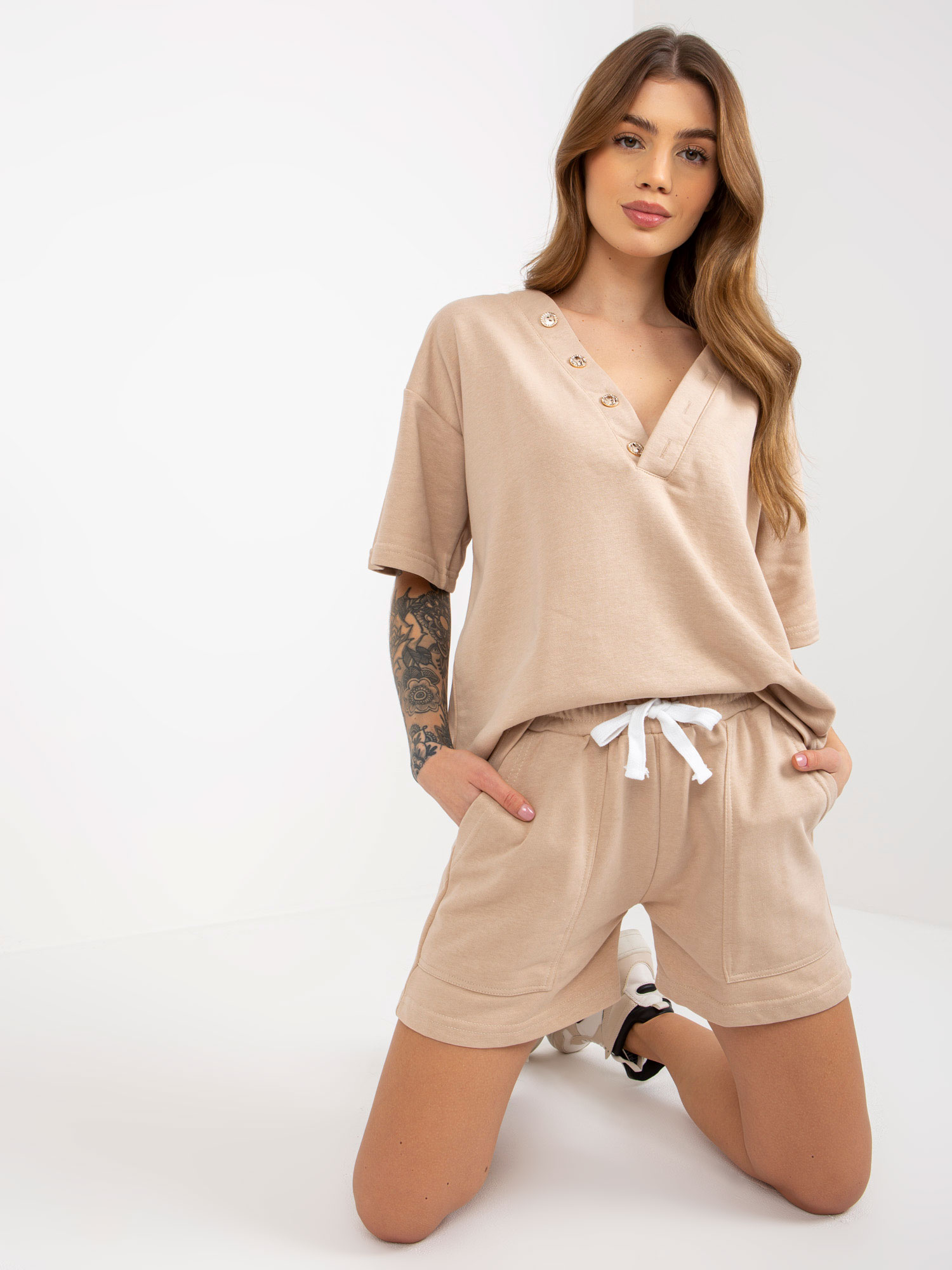 Beige Summer Tracksuit With Button-down Blouse