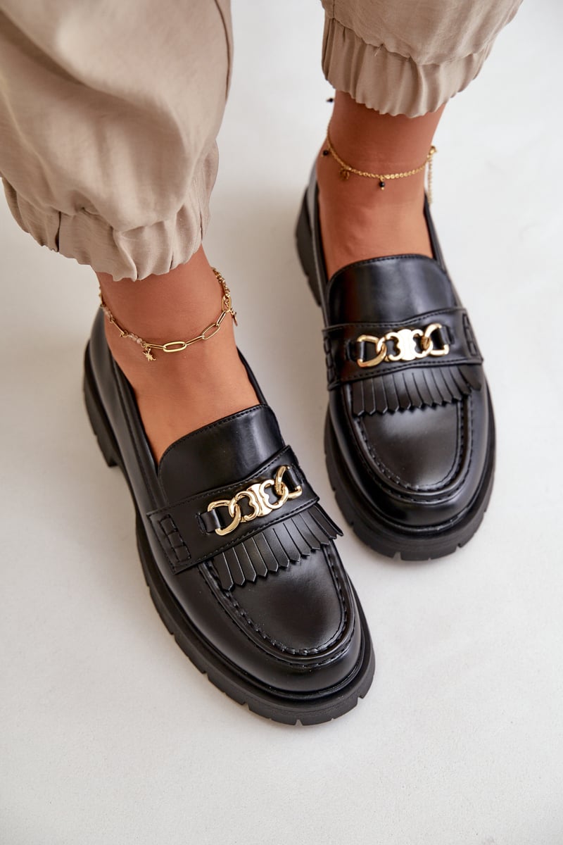 Eco leather loafers women's with gold decoration black zanita