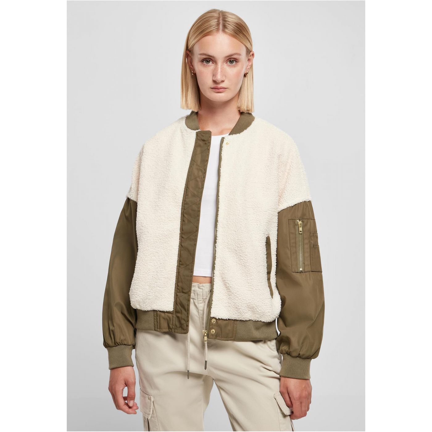 Women's Oversized Sherpa Mixed Bomber Jacket Whitesand/darkolive