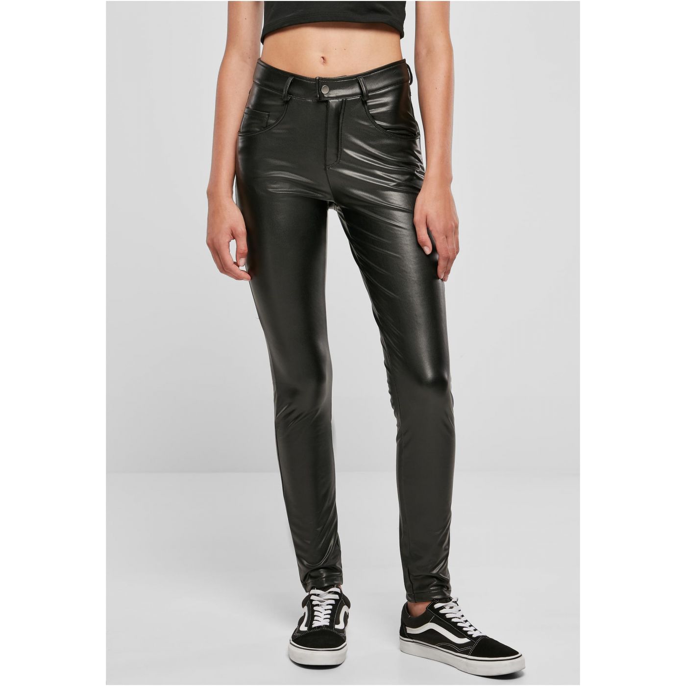 Women's Mid-waisted Synthetic Leather Trousers Black