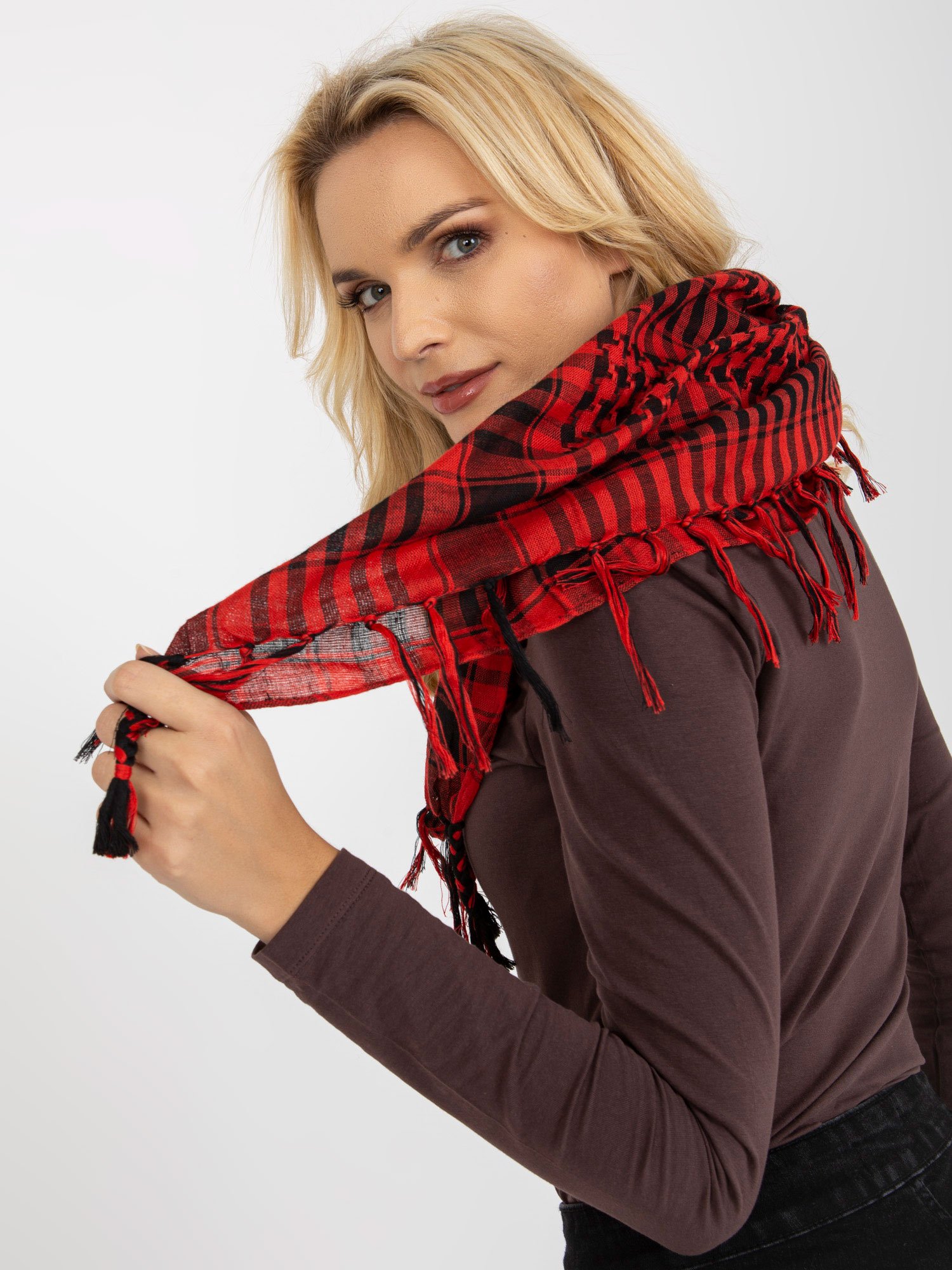 Red and black scarf with fringe