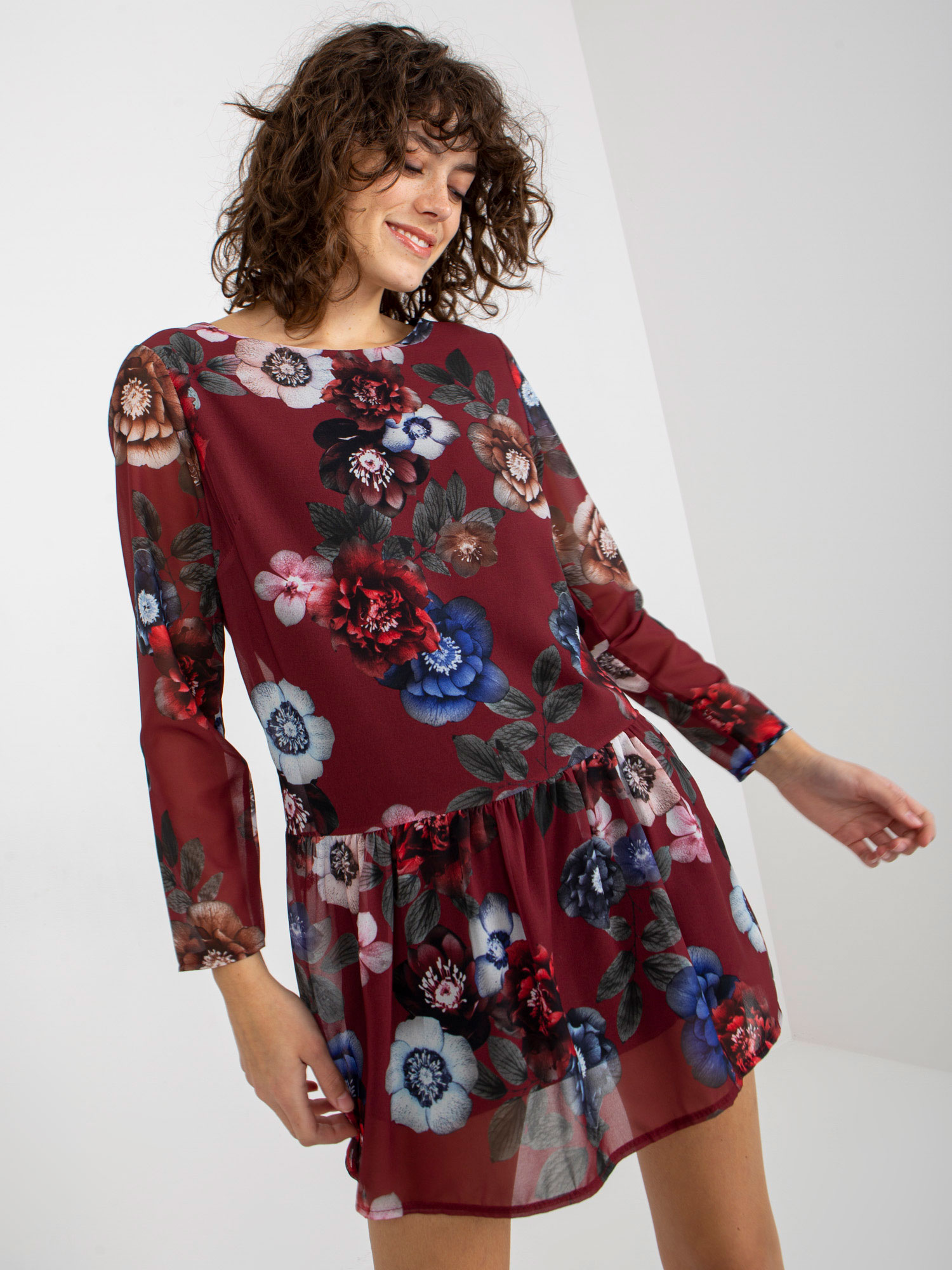 Women's Floral Mini Dress With Frills - Burgundy