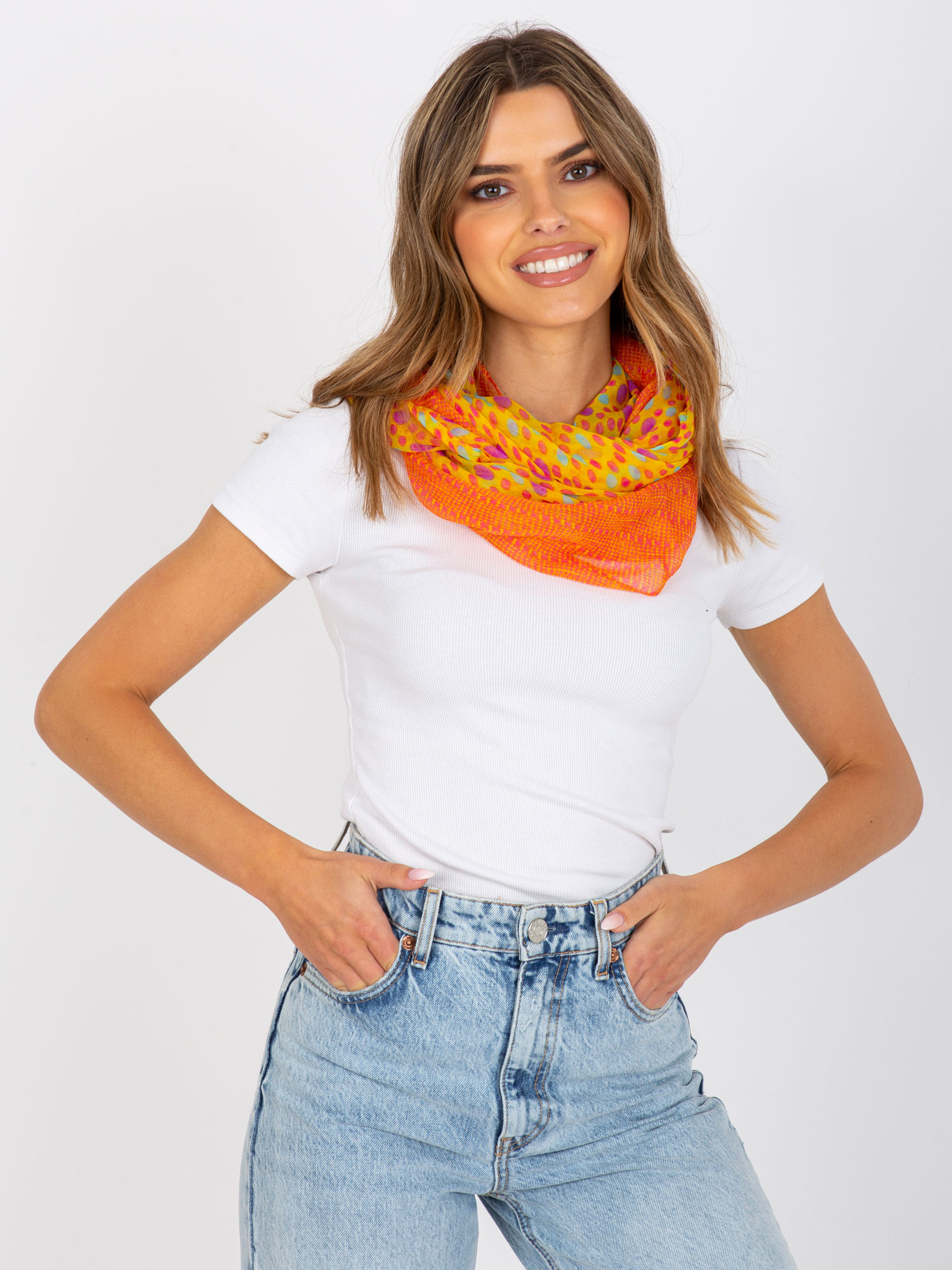 Yellow and orange scarf with polka dots