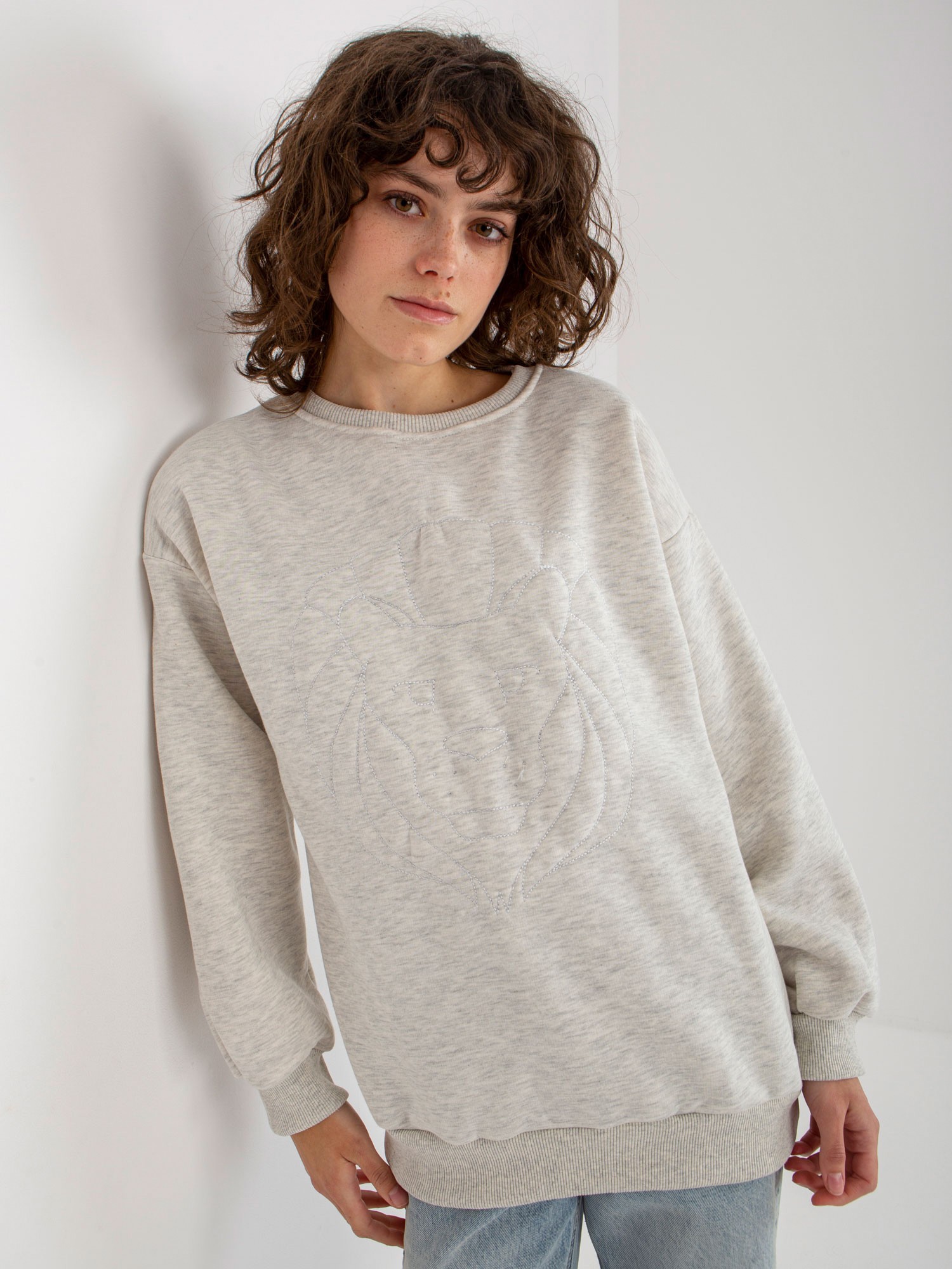 Light Grey Hoodless Sweatshirt With Embroidery