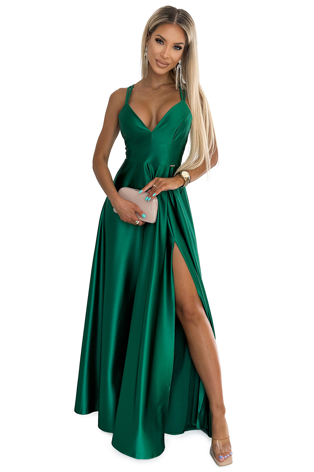 Elegant long satin dress with a neckline and crossed straps Numoco