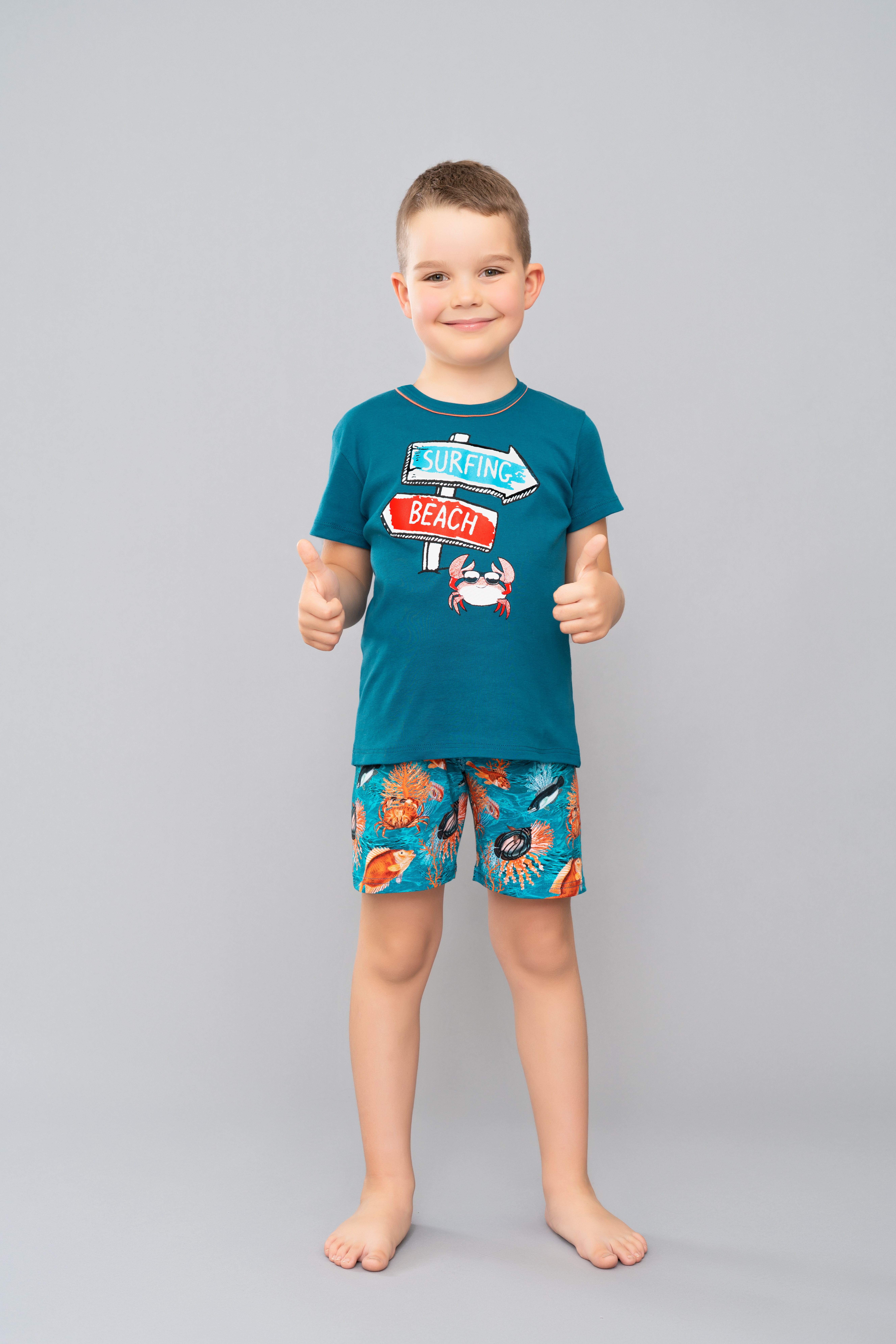 Levně Chlapecké pyžamo Crab, krátký rukáv, krátké kalhoty - modrozelená/potisk