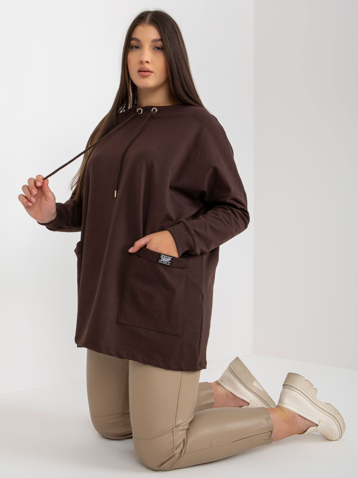 Dark Brown Sweatshirt Plus Size Basic With Drawstring