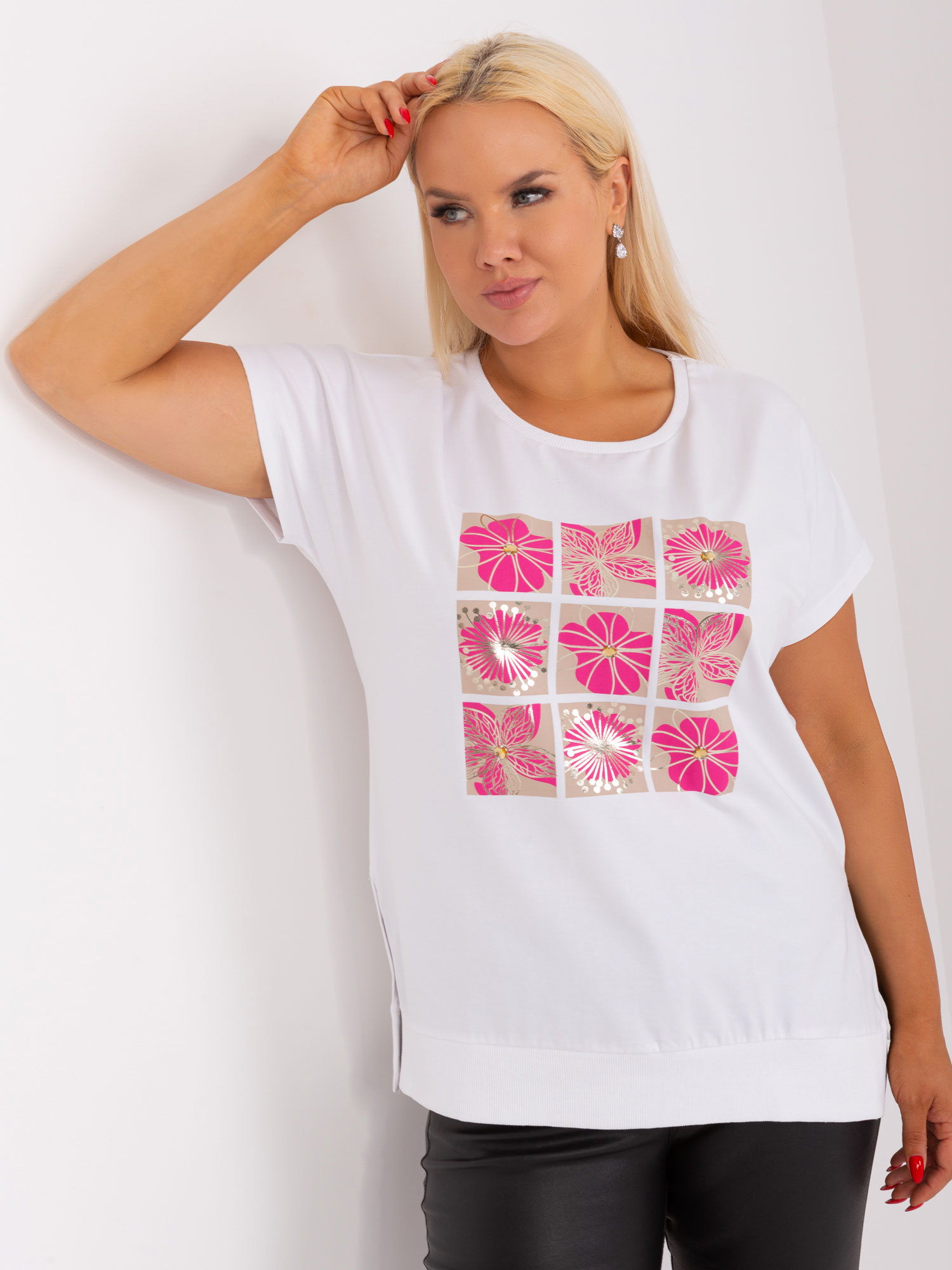 Lady's White-pink Cotton Blouse Plus Size