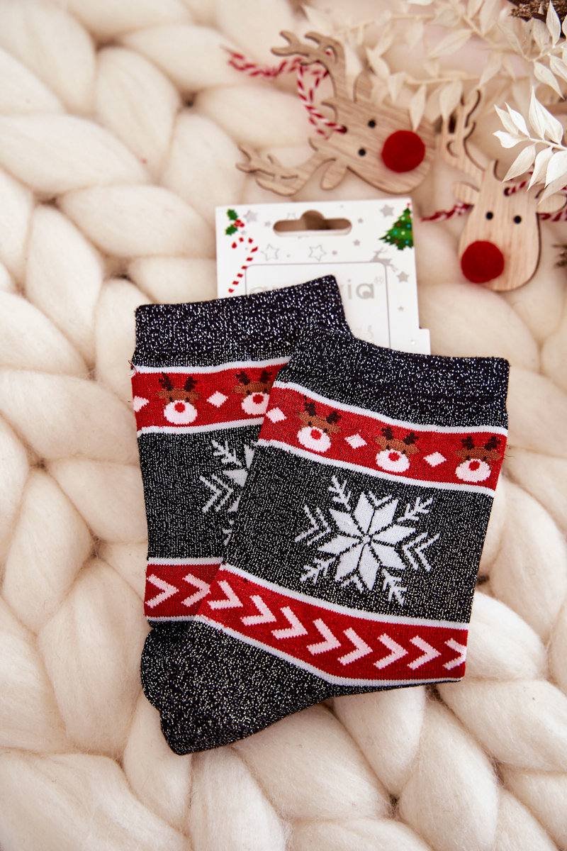 Levně Dámské vánoční ponožky lesklé sobově Černá a červená