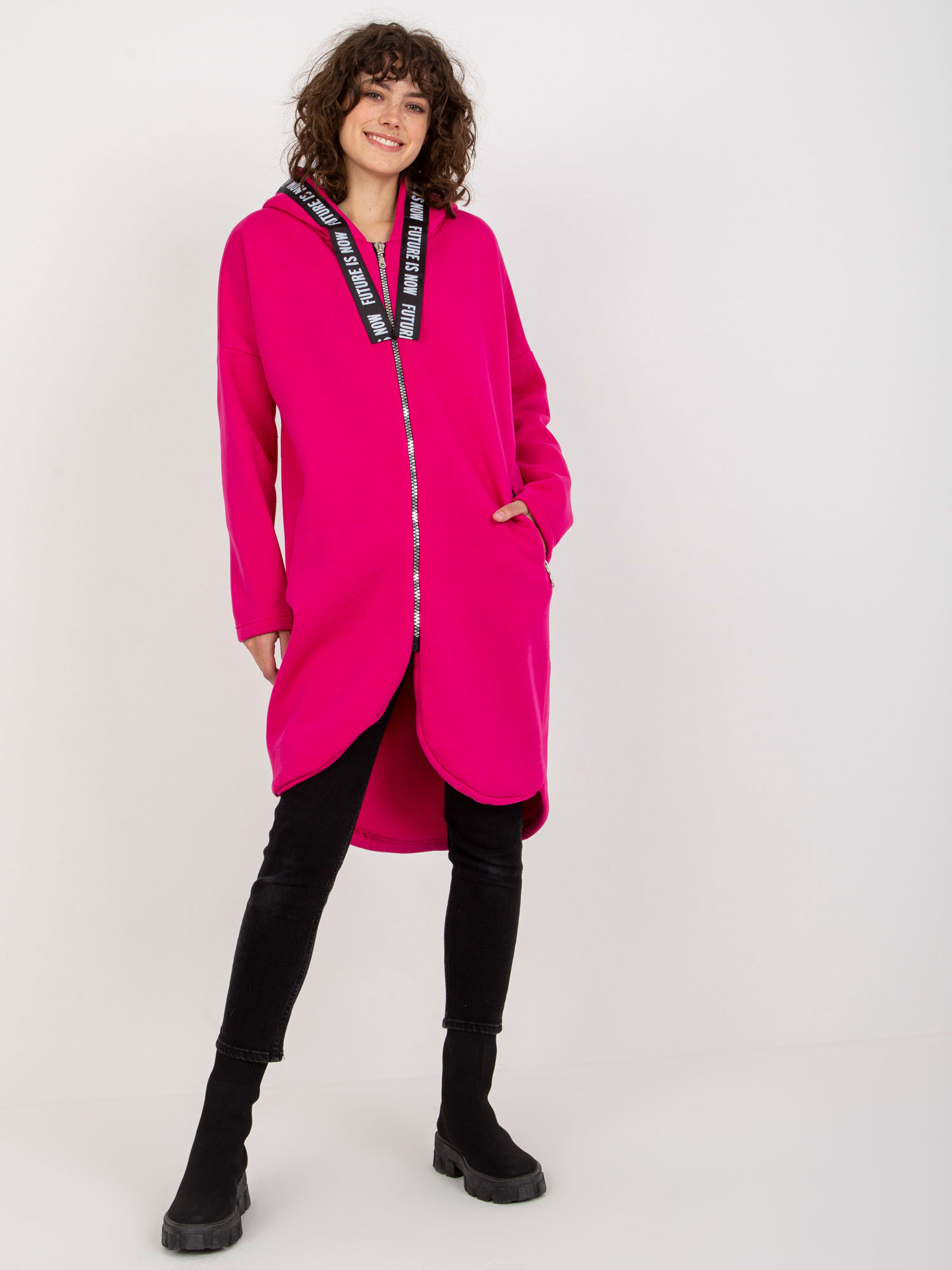 Women's Long Sweatshirt With Zipper - Fuchsia