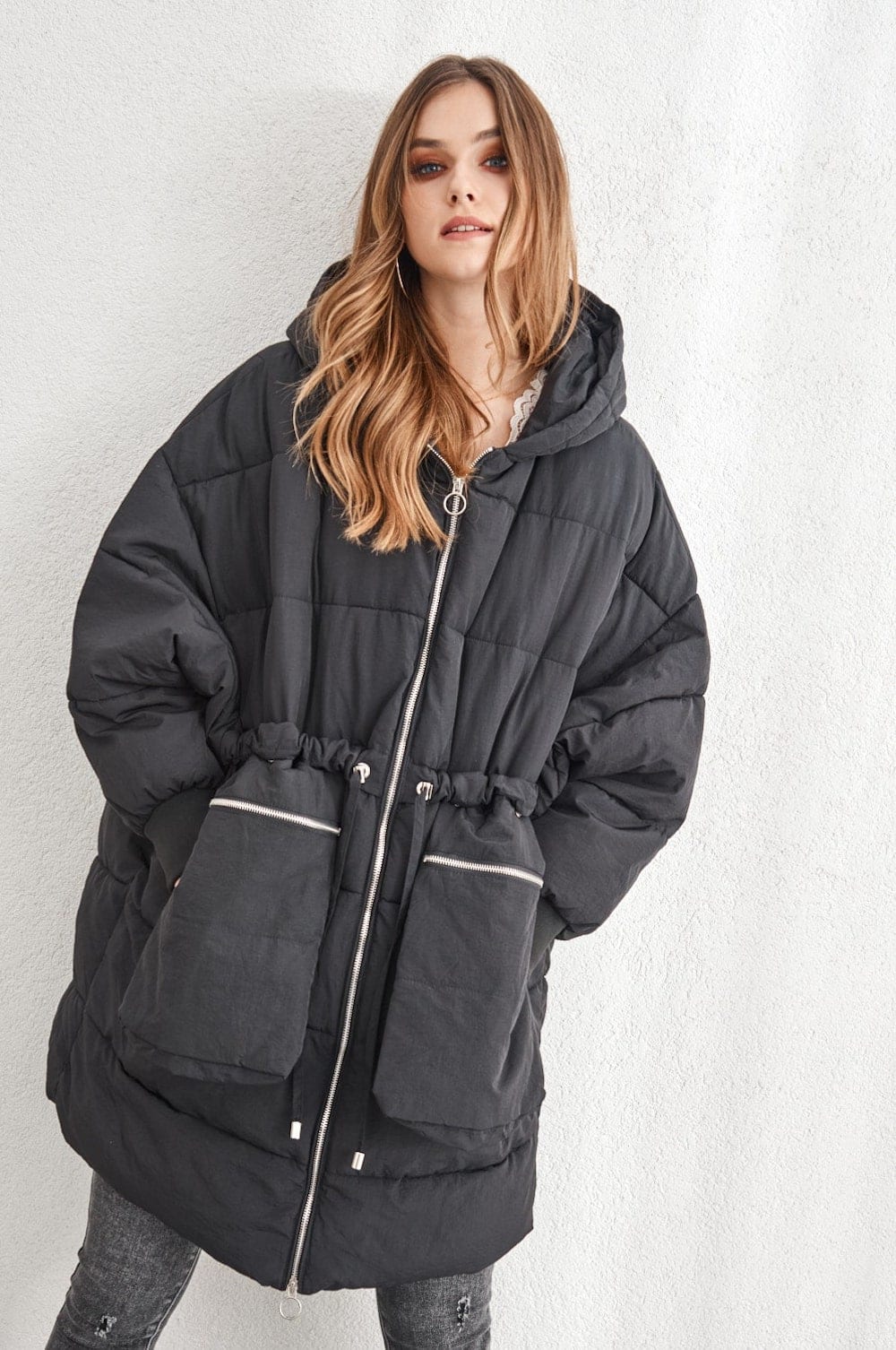 Warm oversized black hooded jacket