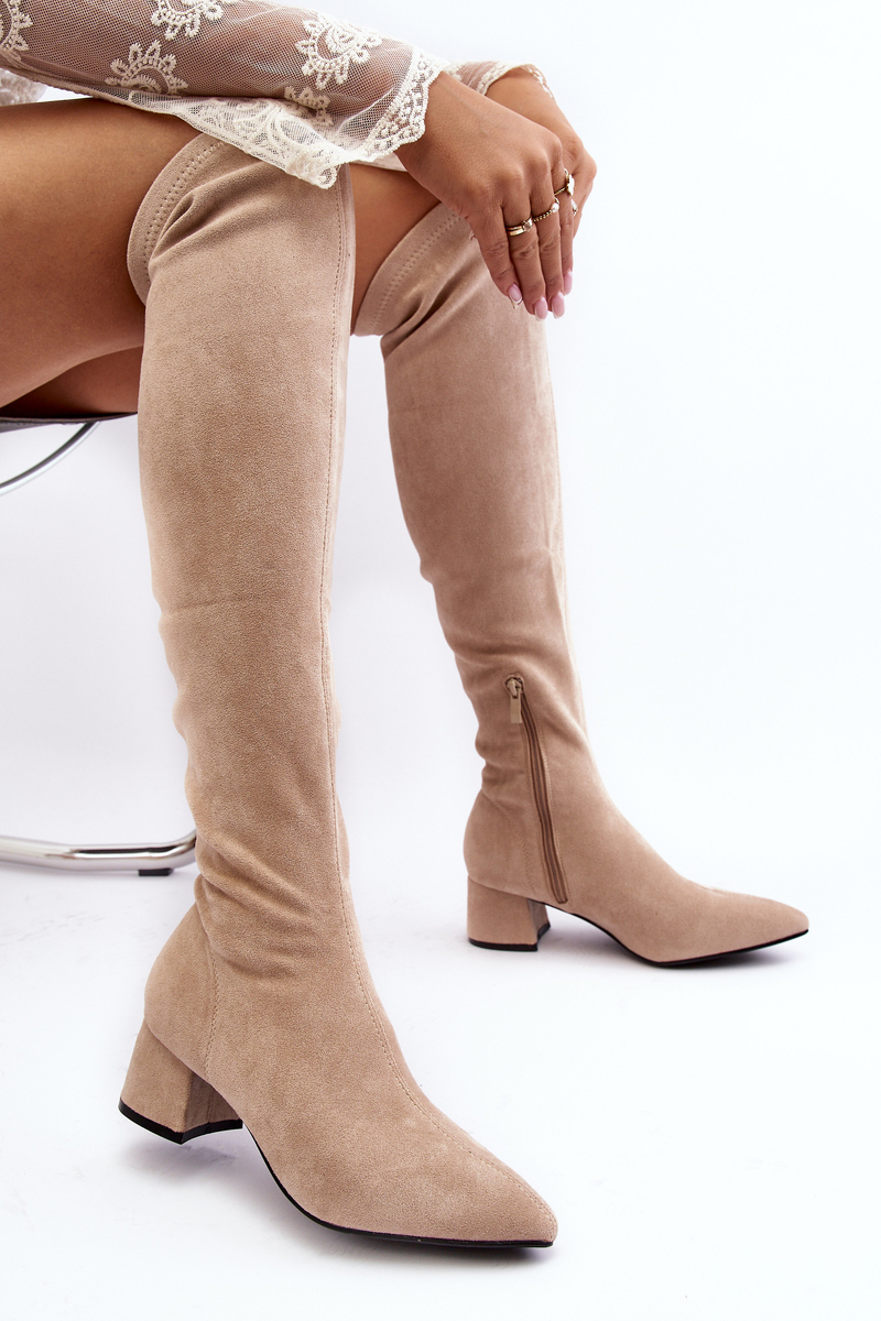 Women's over-the-knee boots with low heels, light beige Maidna