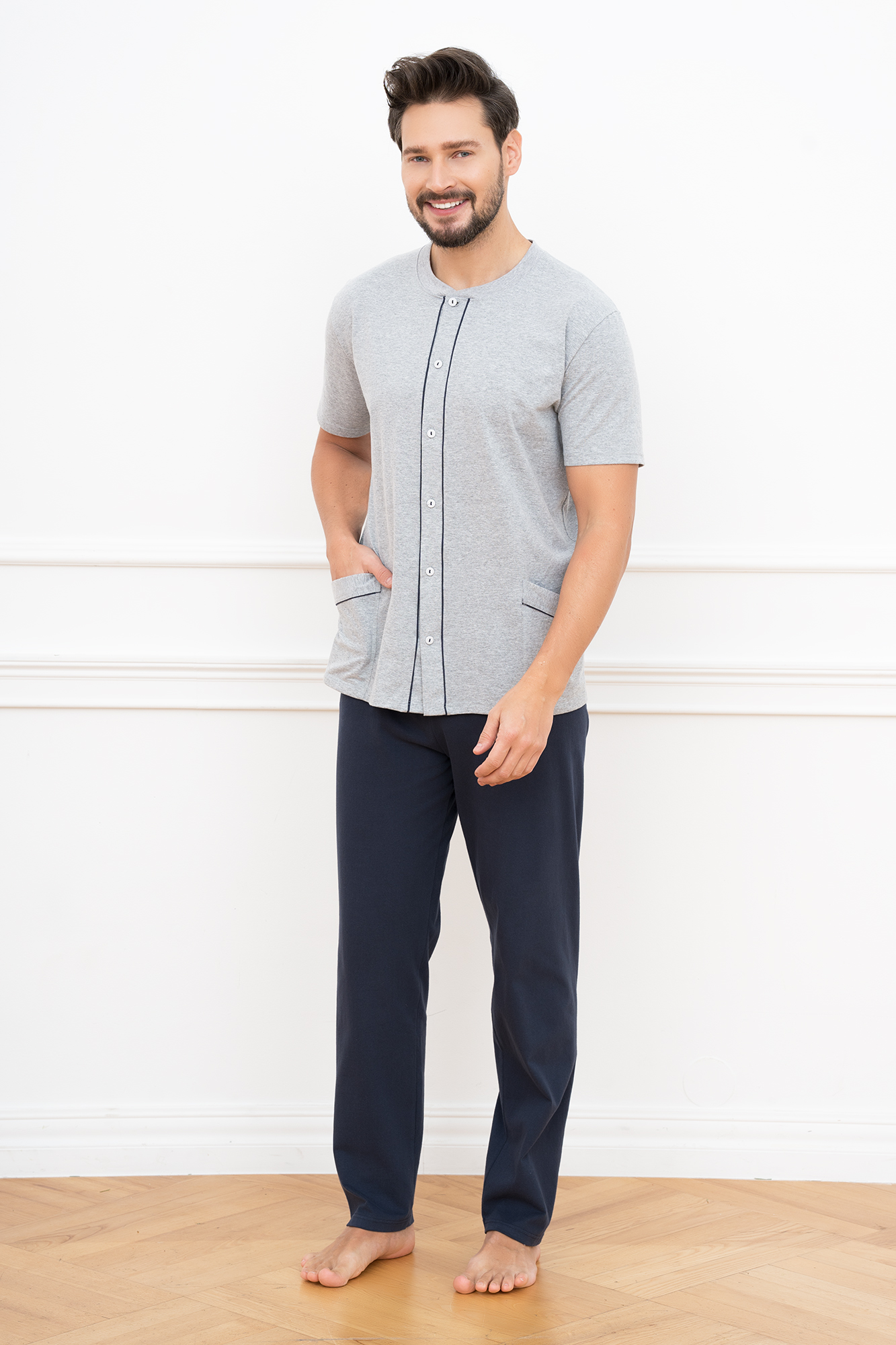 Men's pyjamas Alcest, short sleeves, long trousers - melange/navy blue