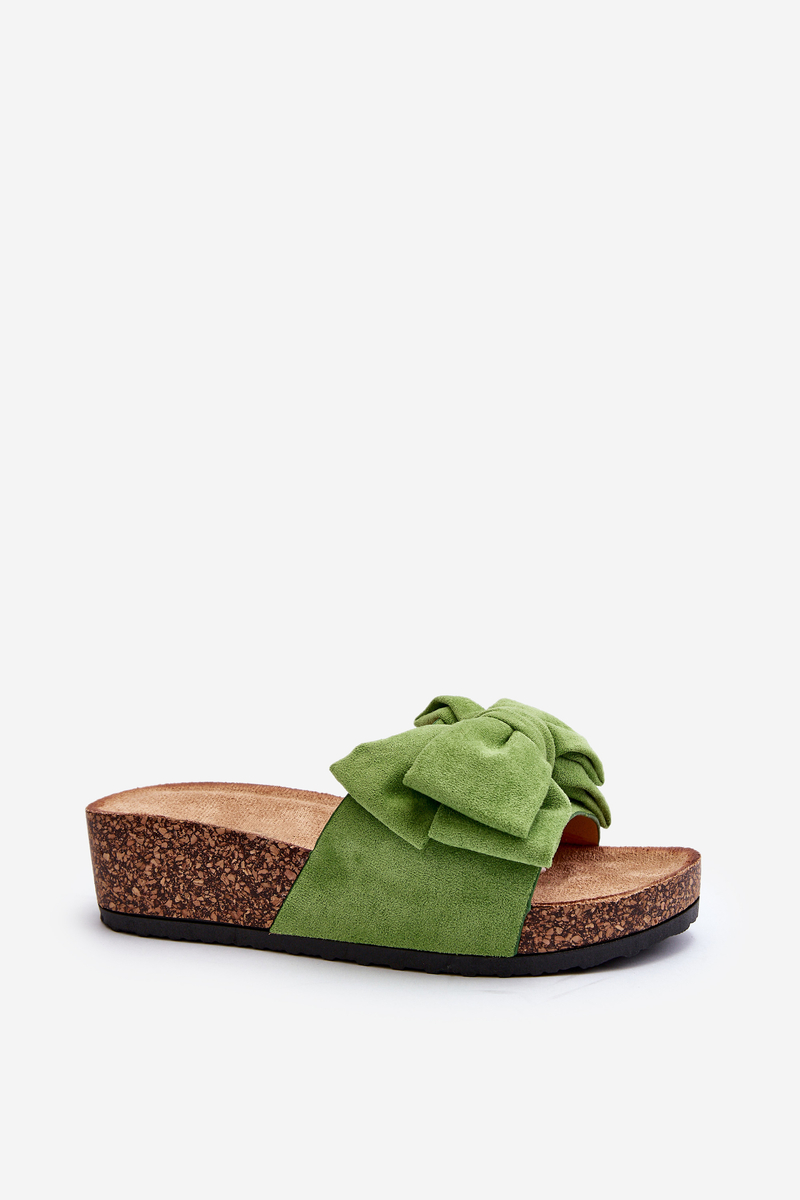 Levně Dámské pantofle na korkové platformě s mašlí, zelená Tarena