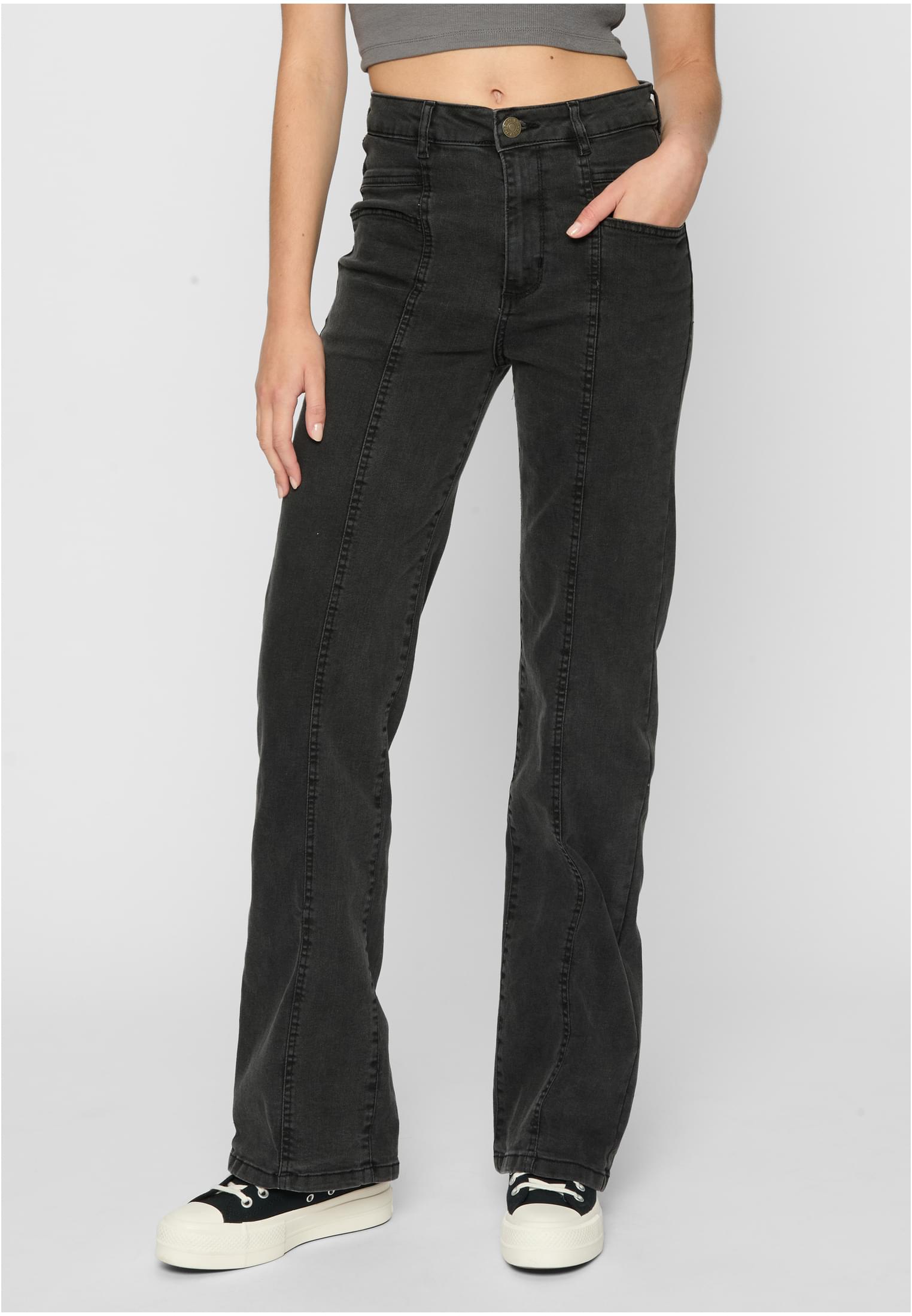 Women's High Waisted Straight Slit Jeans - Black