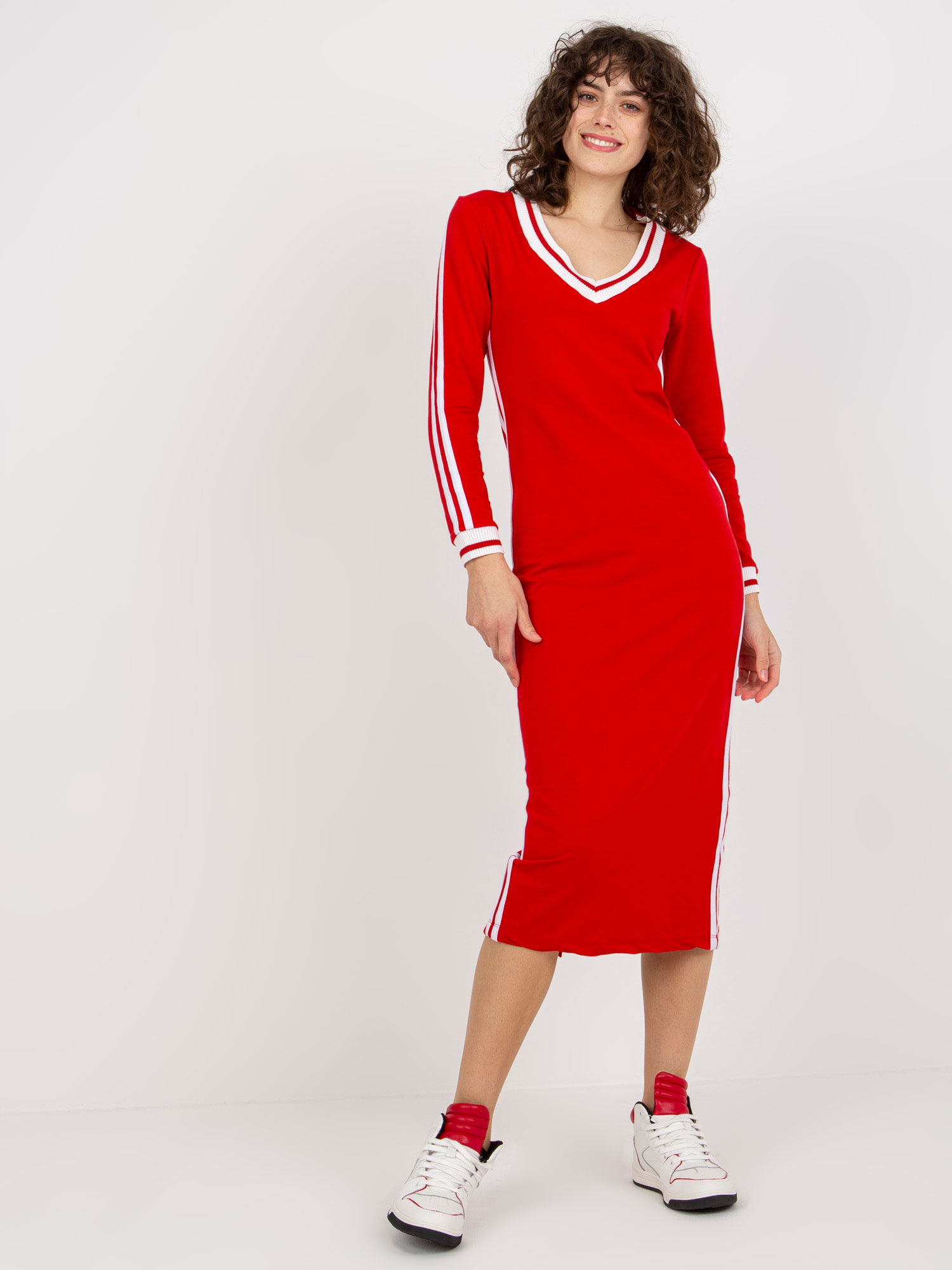 Red Sweatshirt Midi Dress With V-Neck