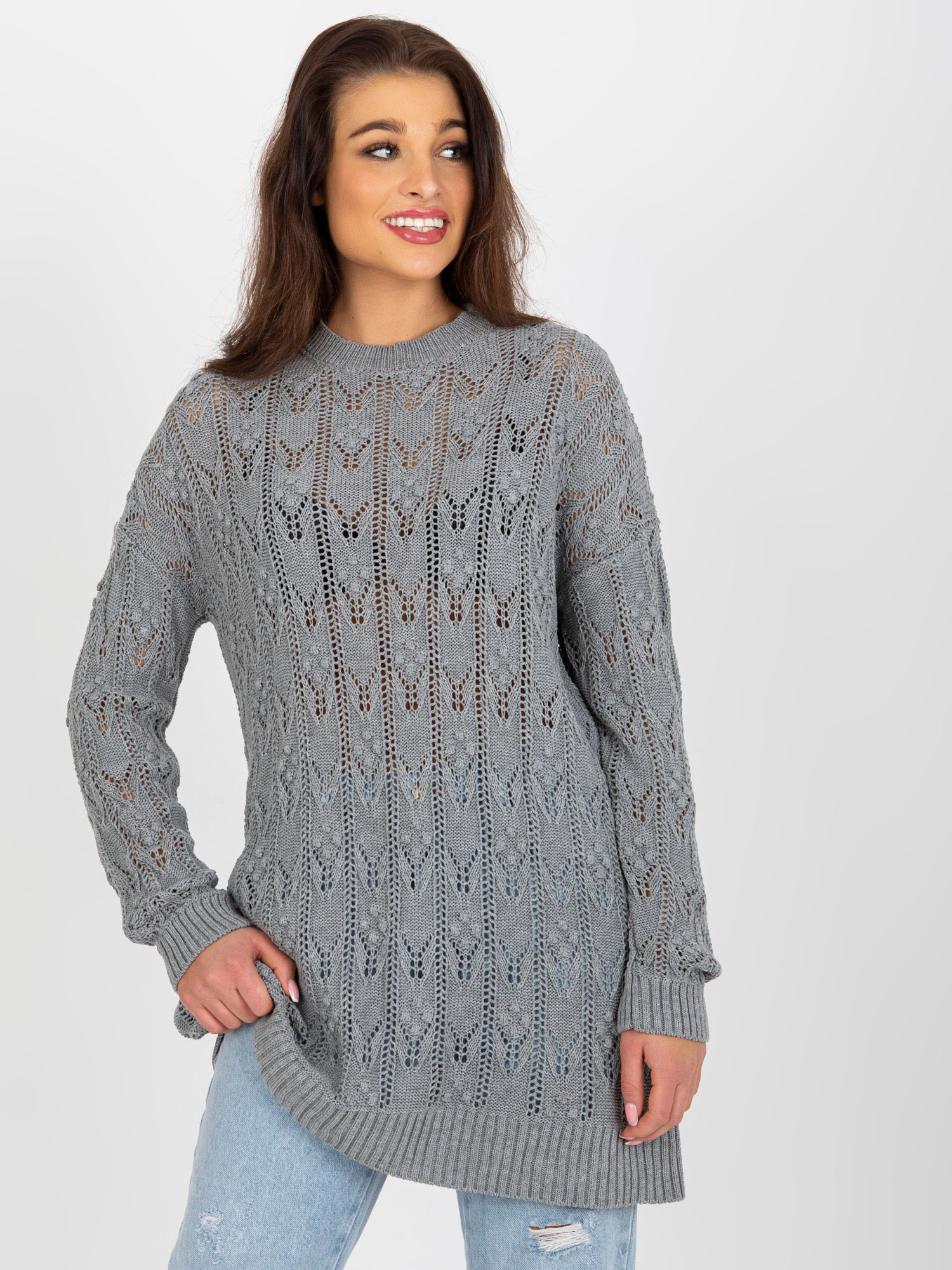Gray Openwork Knitted Dress With Long Sleeves