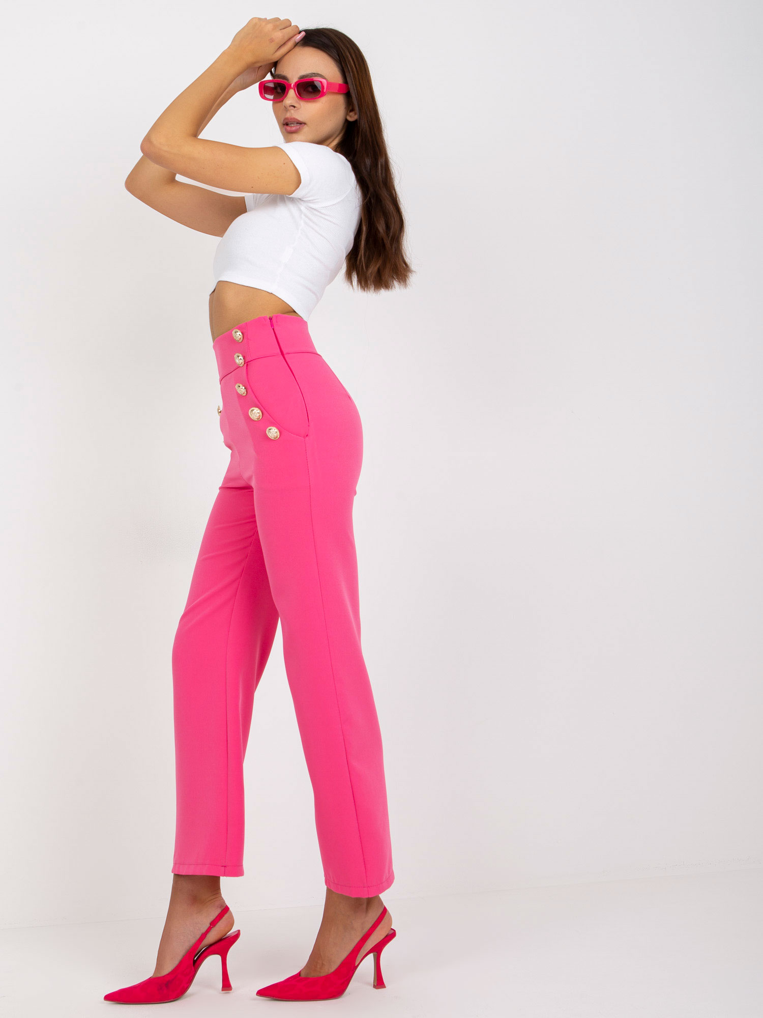 Pantaloni de costum roz închis pentru femei cu talie înaltă