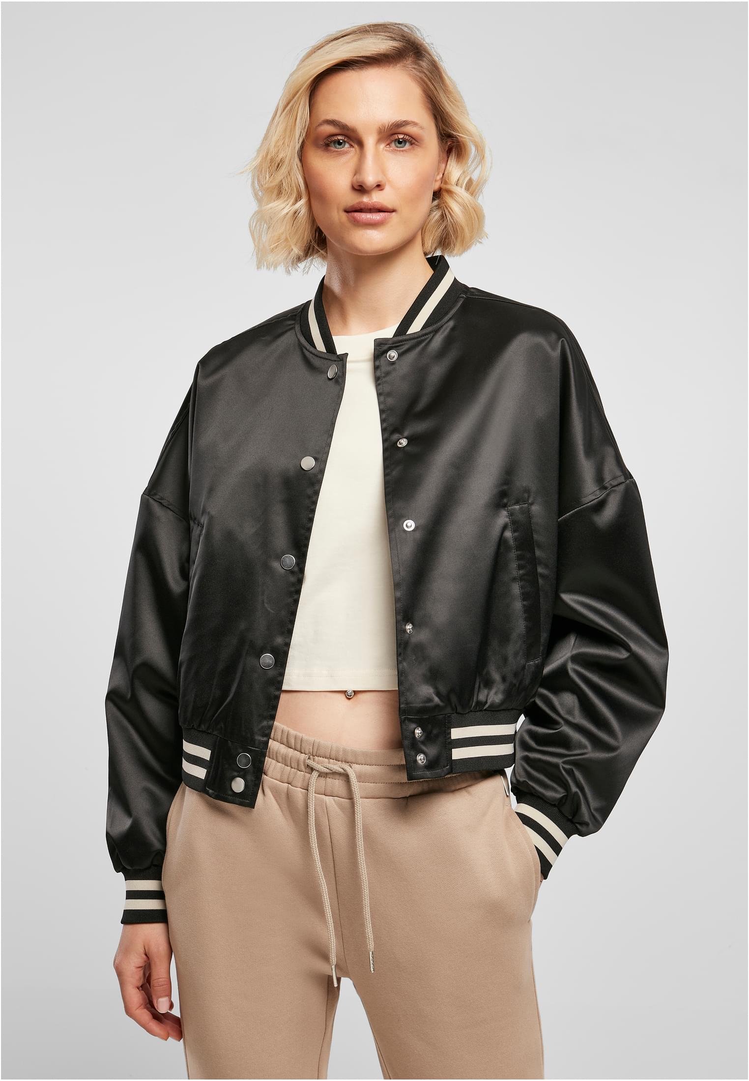 Women's Short Oversized Satin College Jacket Black